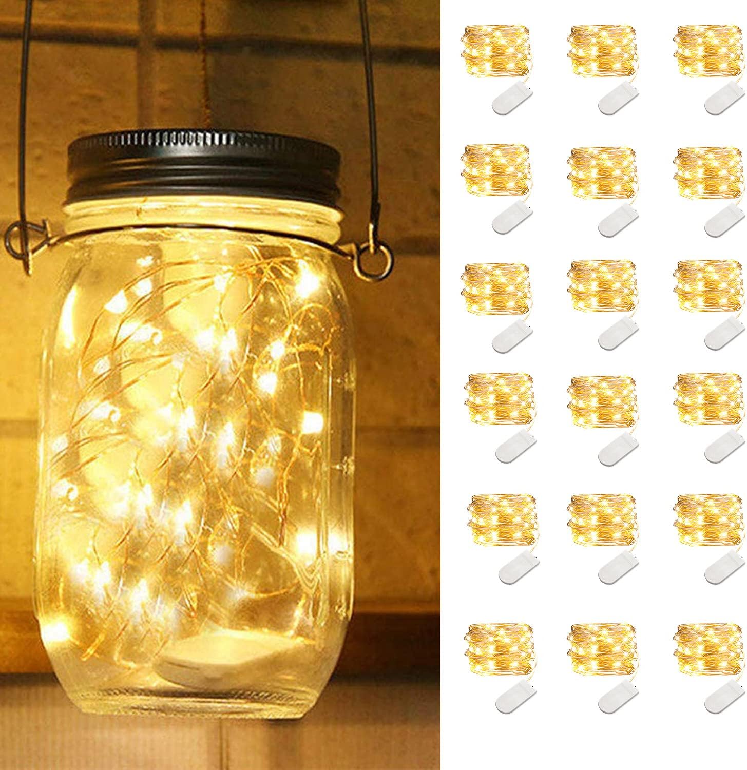 LEDIKON 18 Pack Led Fairy Lights Battery Operated,Each 7.2ft 20 LED Mason Jar Lights Silver Wire Warm White Firefly Mini Led String Lights for Mason Jars Party Crafts Wedding Decorations