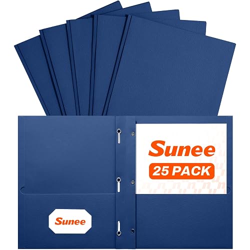 SUNEE Folders with Prongs, 25 Pack 3 Prong Folders with 3 Metal Prong Fastener Clips, 2 Pocket, Fit Letter Size Paper, Paper Folders for School Office Home Business, Navy Blue