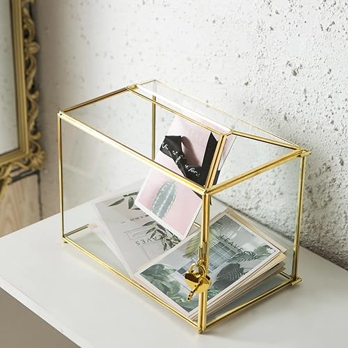 Miniatura 3 de Caja de cristal para tarjetas de boda con ranura, caja grande de 12.6 pulgadas para tarjetas de regalo de latón dorado con cerradura para