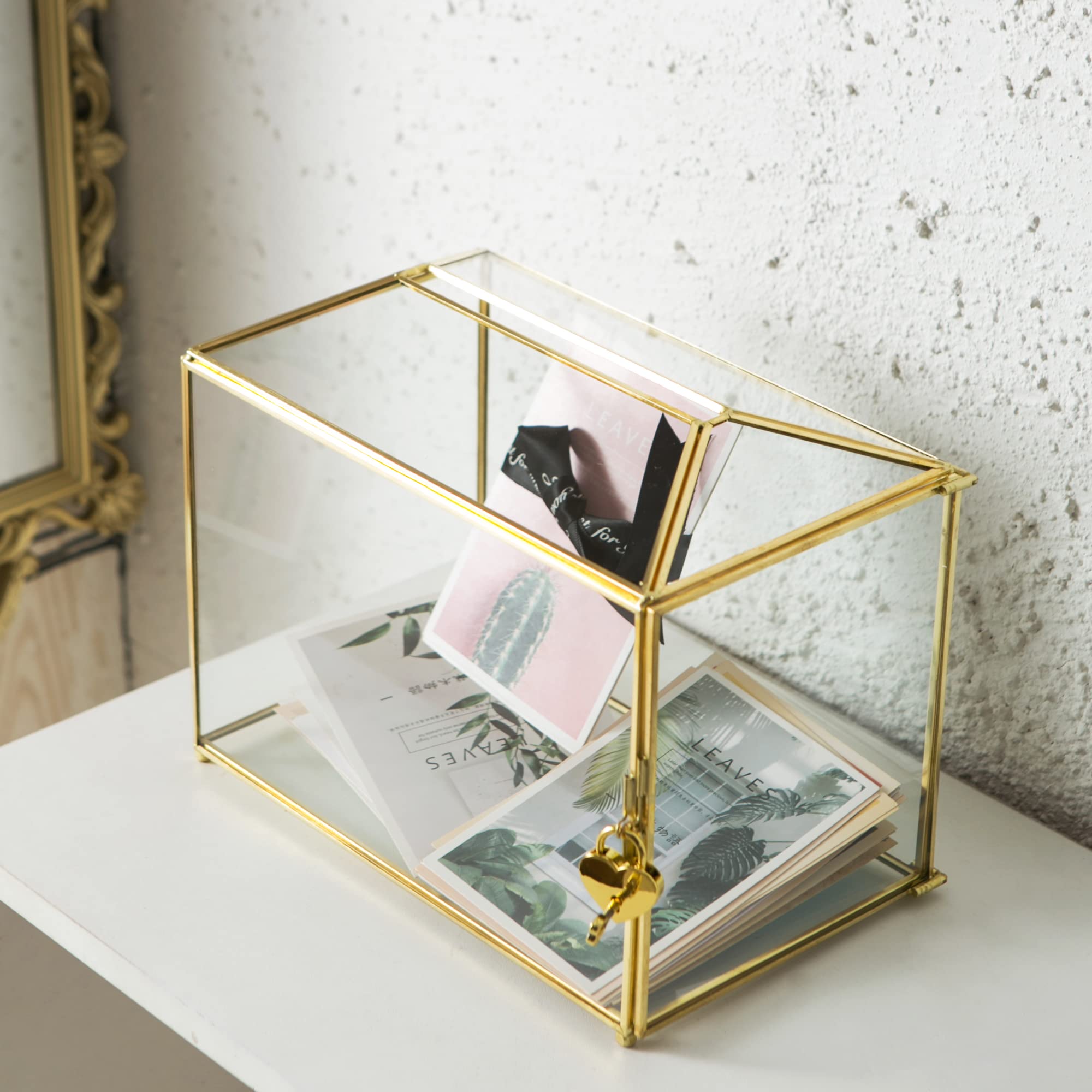 Grande boîte à cartes de mariage en verre transparent avec fente - 25,9 cm - En laiton doré - Avec serrure - Pour réceptions de mariage, fête prénatale, fête d'anniversaire