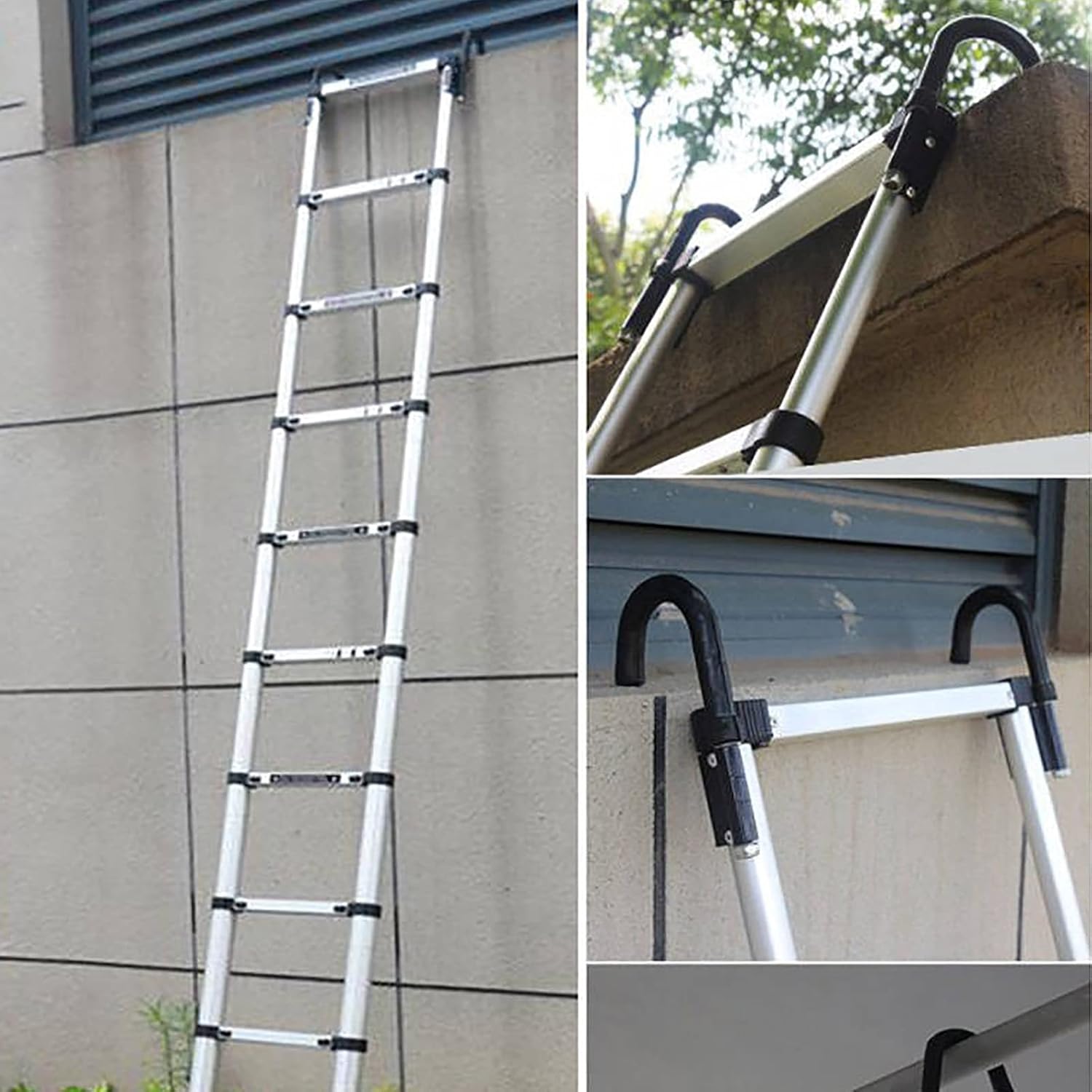 Foldable Aluminum Extension Ladder Aluminum Telescoping Ladder with Rotatable Hooks, Heavy Duty Non-Slip Extension Ladder for Indoor & Outdoor Work, Portable