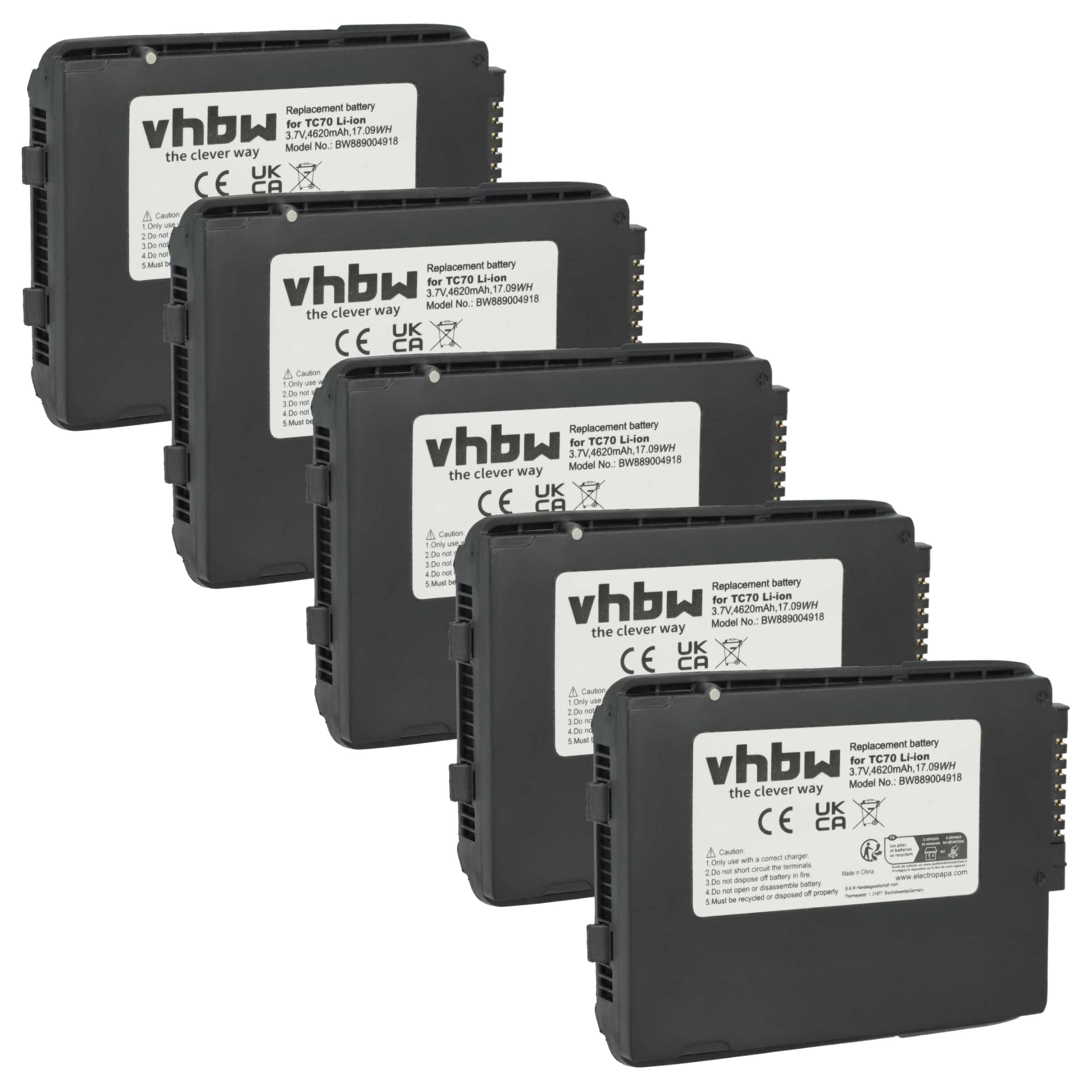 vhbw 5X Akku kompatibel mit Zebra TC72 | TC720L, TC75, TC55, TC70, TC700H, TC700K, TC70X Barcodescanner POS (4620 mAh, 3,7 V, Li-Ion)