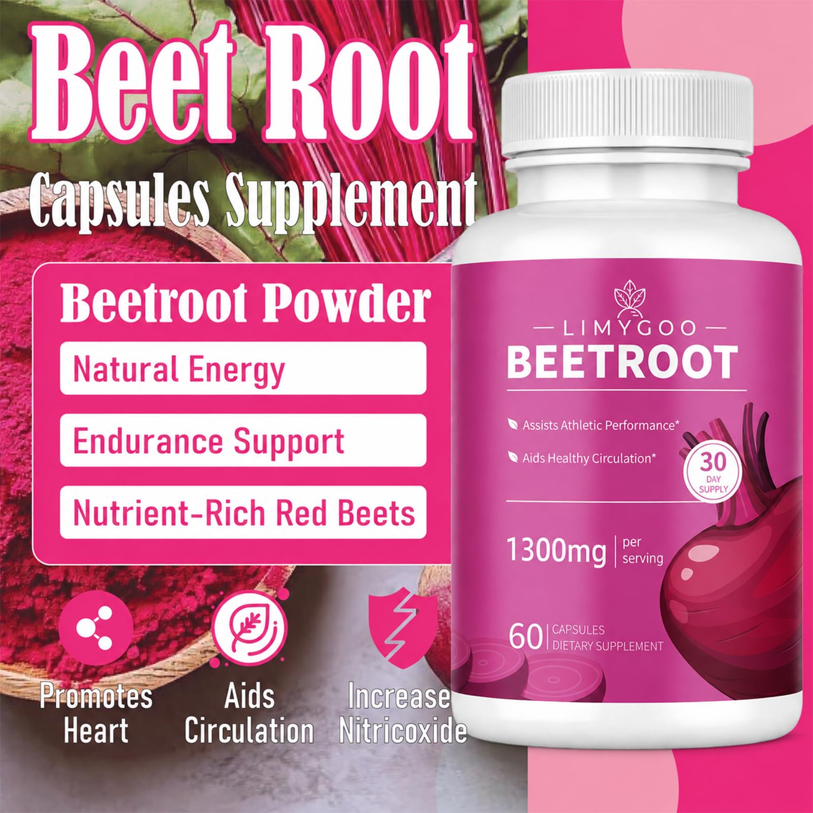 Beet Root Capsules – 1300mg Beetroot Powder for Natural Energy & Endurance Support, Non-GMO, 60 Capsules, 30-Day Supply (1pc) — Amazon image 2