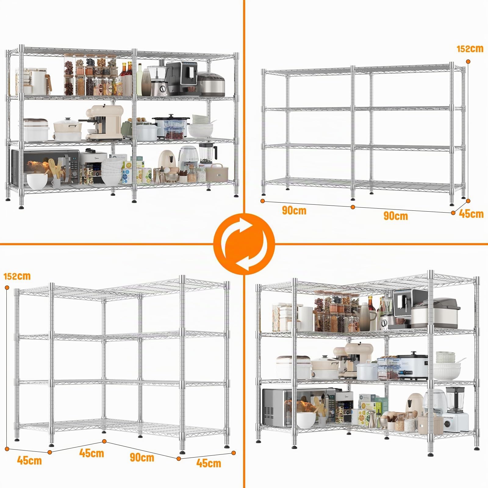 Himimi Estantería de garaje resistente de 4 niveles, 180 x 45 x 152 cm, estantería de alambre de metal ajustable, estante de almacenamiento de gran capacidad para garaje, despensa, cocina, cobertizo