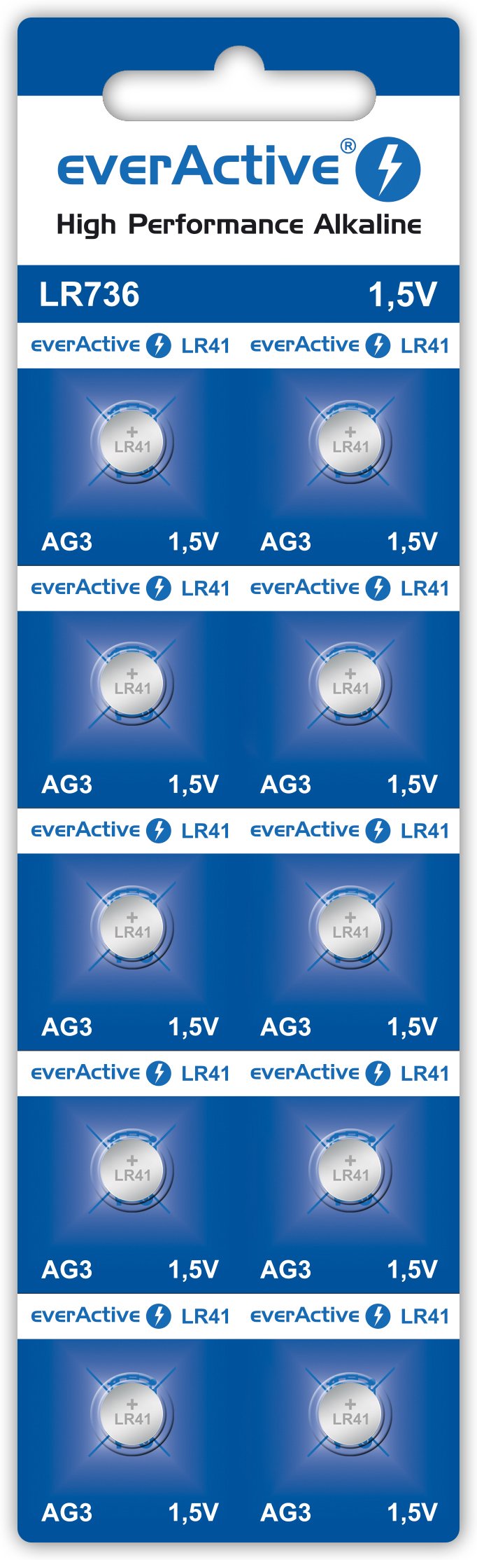 everActive AG3 1,5 V, 10 x baterie alkaliczne, Mini, G3 LR736 LR41, trwałość 5 lat, 10 sztuk – 1 blister, srebrny, EVAG3