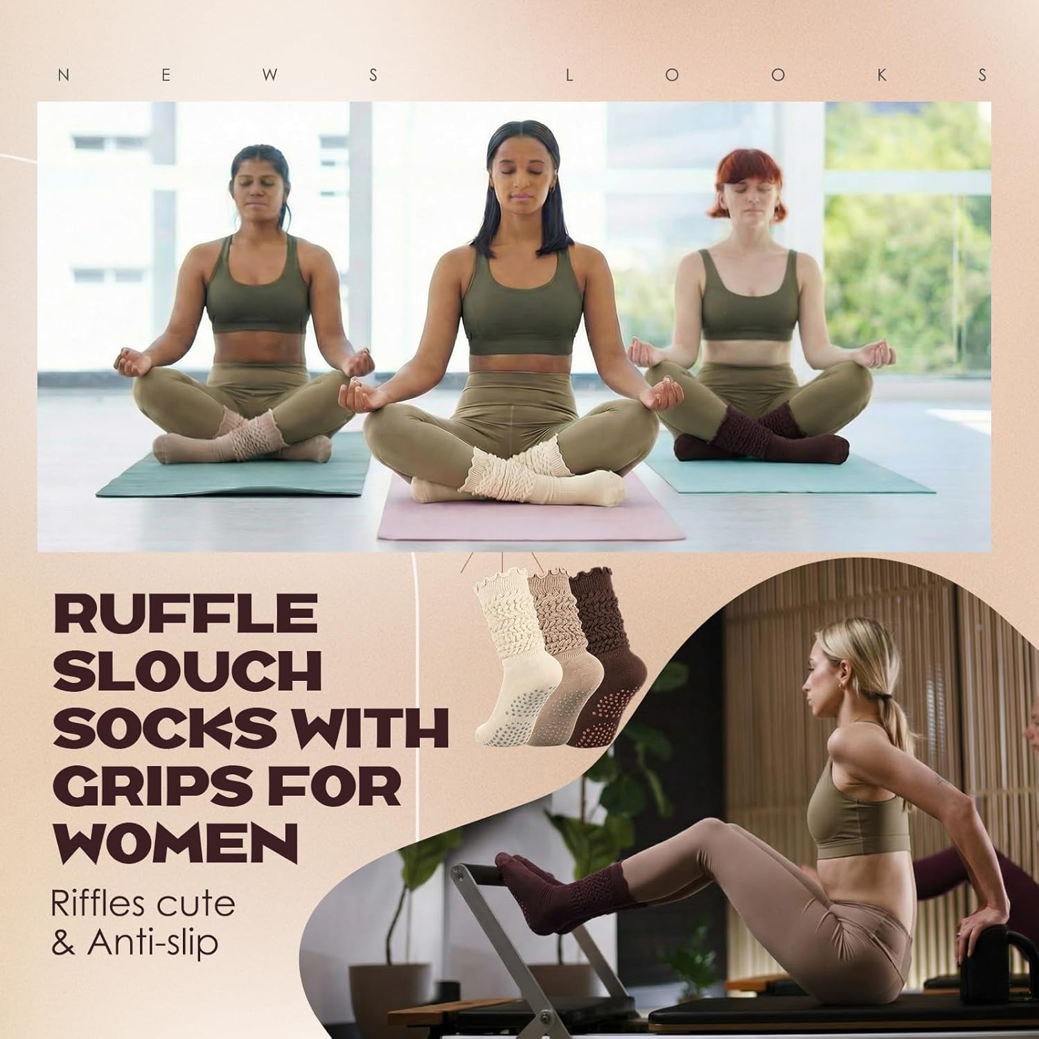3 Pairs Pilates Grip Ruffle Socks for Women Yoga Grippy Ruffle Long Slouch Sock Non Slip Barre Hospital Socks - Image 4
