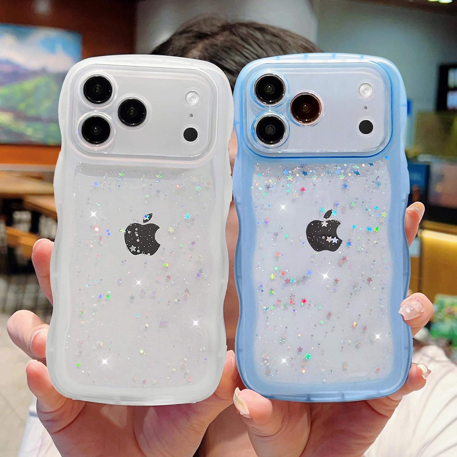 for iPhone 17 Pro Max Case 6.9" Cute Kawaii Curly Wavy Bling Glitter Star Shiny Sparkle Clear Transparent Camera Lens Protection Soft Shockproof Aesthetic Phone Cover for Women (Black) - Image 5