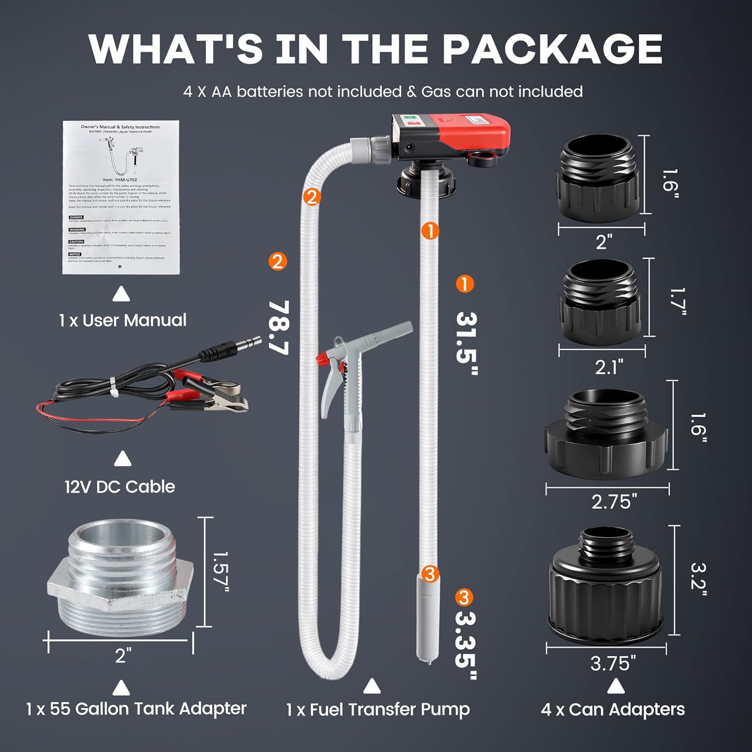 Fuel Transfer Pump with 5 Can Adapters, 3.8 GPM Gas Can Pump with 78.7" Extra Long Hose, 12V DC and Battery Powered Portable Fuel Pump for Oil, Gasoline, Diesel, DEF