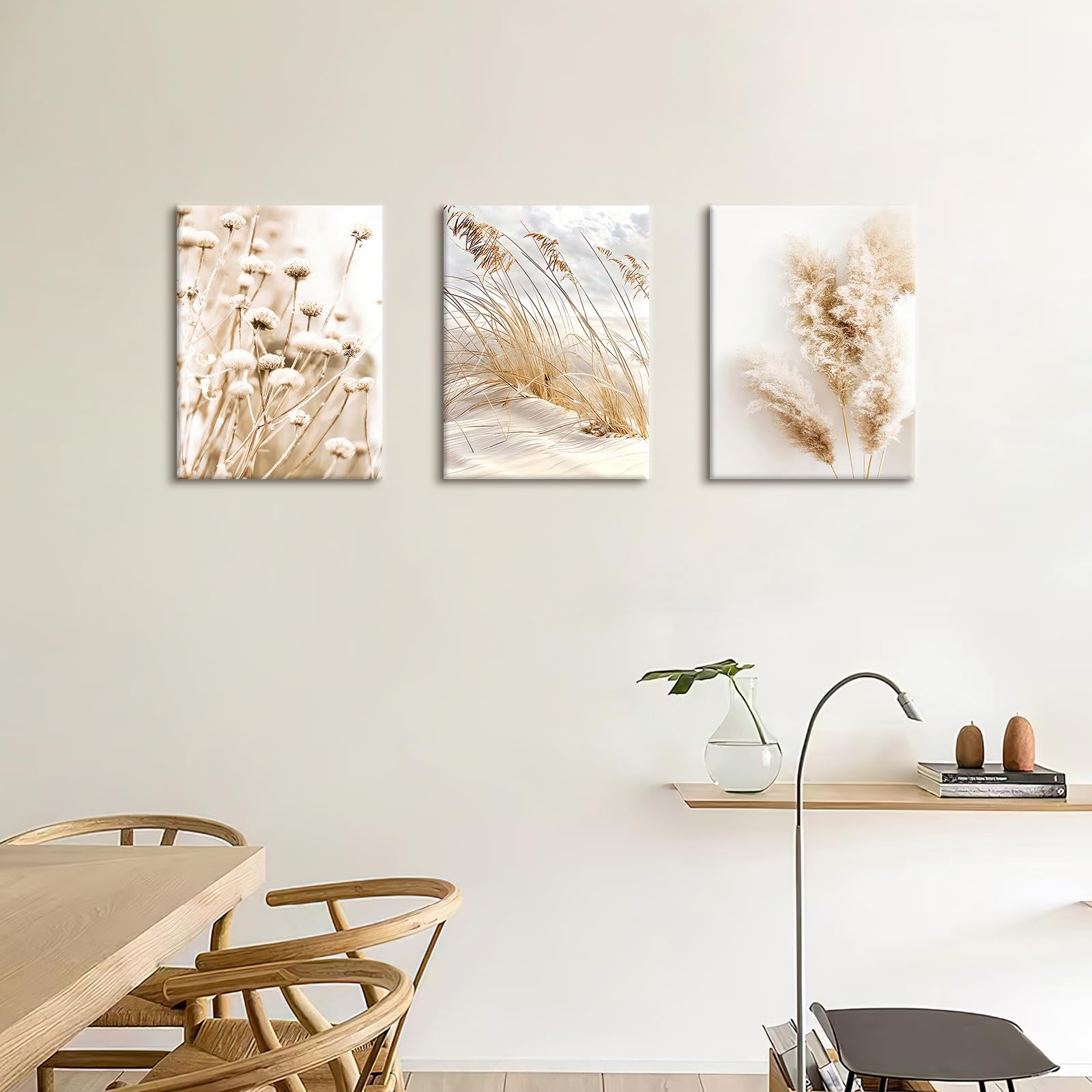 3Pcs Wooden Framed Canvas Wall Art Set Beige Dandelion Pampas Grass Reeds Painting Canvas Prints Coastal Beach Seascape Pictures for Living Room Bedroom Kitchen Hallway Stairs Wall Decor 30x40cm x3pcs — view 2