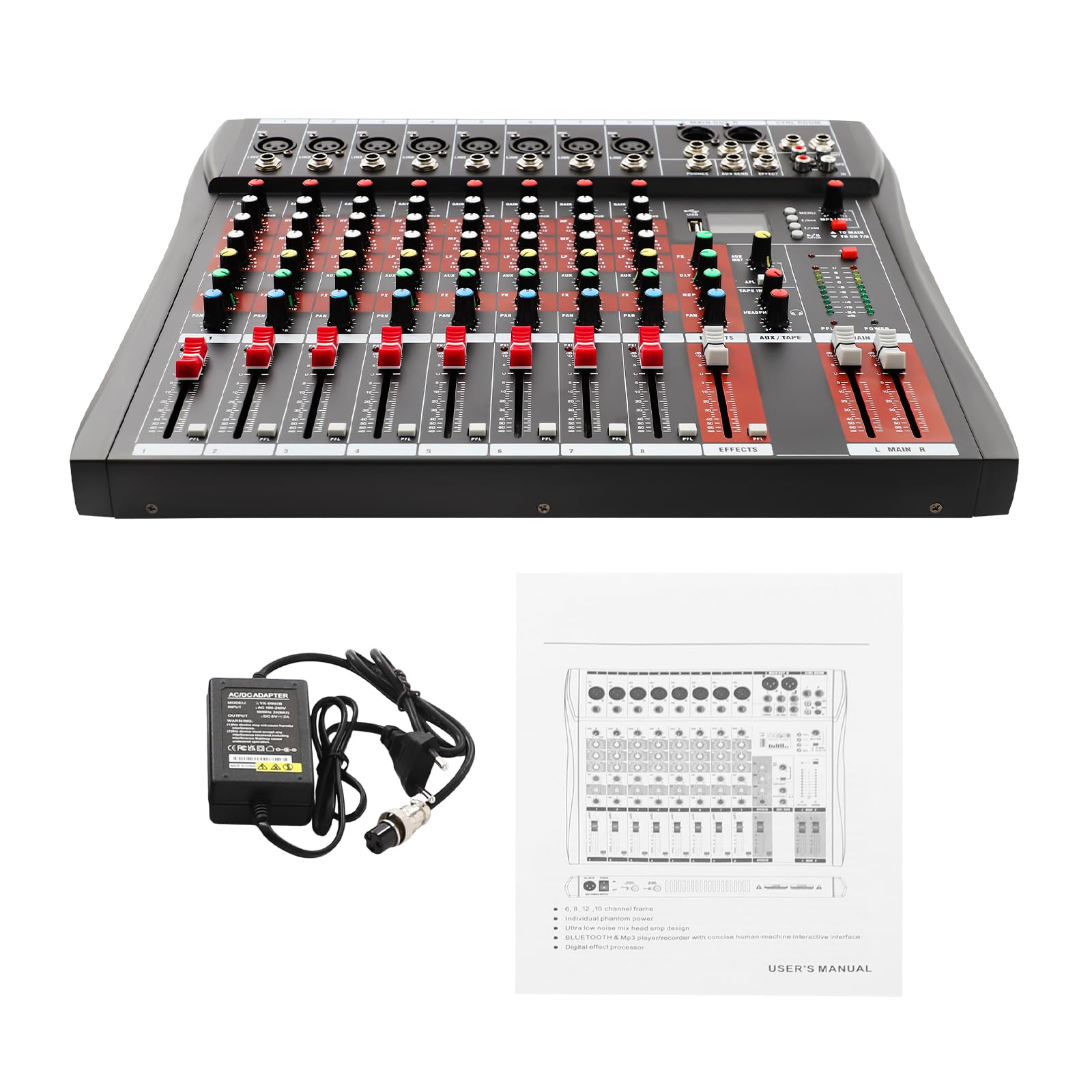 Mixer professionale a 8 canali, mixer audio, mixer audio professionale a 8 canali, mixer con Bluetooth, indicatore LED, alimentazione phantom da 48 V, alloggiamento in metallo, colore nero
