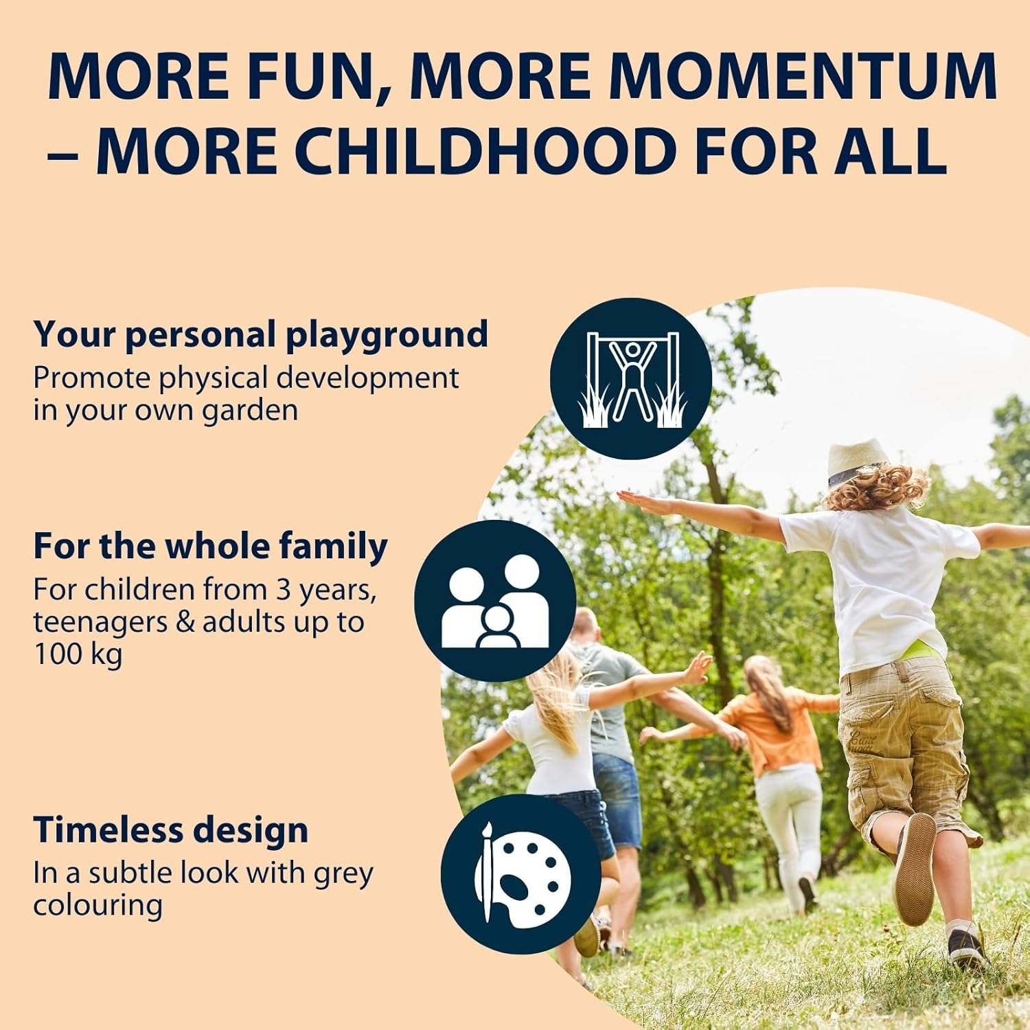 Image of a family enjoying the gymnastics bar in a garden, highlighting its use for physical development and fun for all ages.