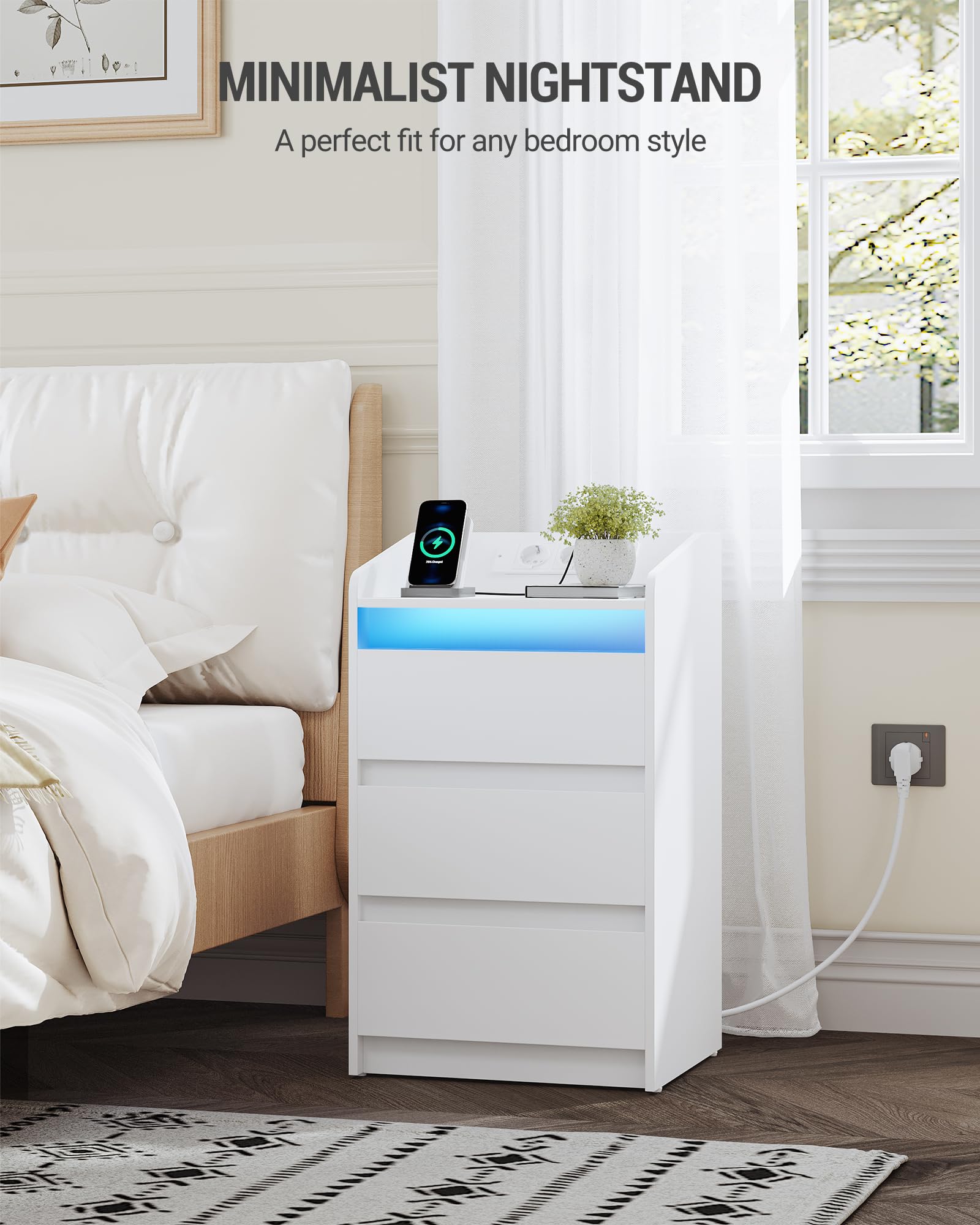Hzuaneri Mesilla de Noche con 3 Cajones, Mesa Auxiliar con Estación de Carga y LED, 2 Tomas CA y 2 Puertos USB para Dormitorio, Salón, Blanco NS40003X
