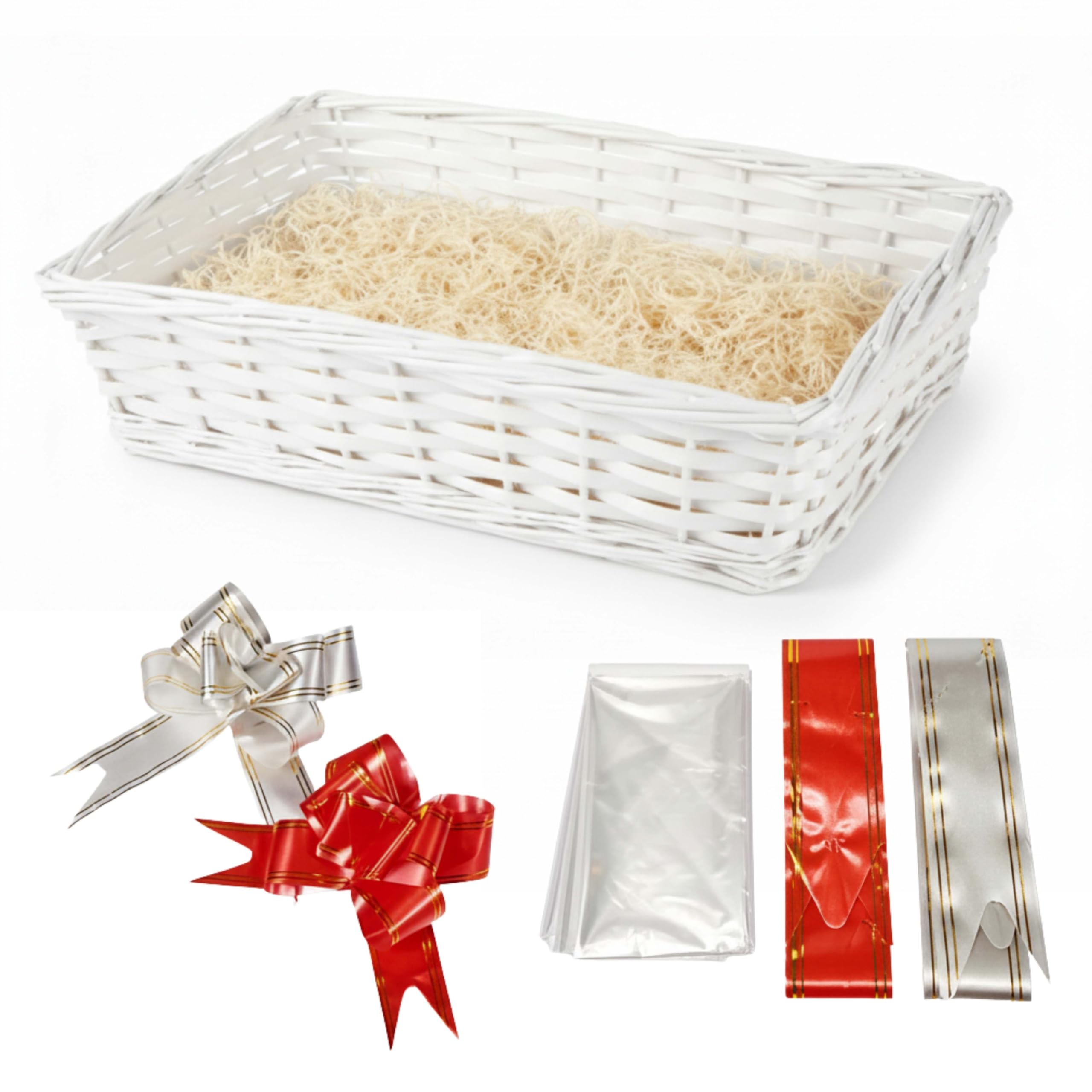 Alaystar White Premium Wicker Gift Hamper Basket Set Create Your Own Christmas Festive Present Includes Rectangle Smooth Basket Ribbon Wood Wool Cellophane Bag Perfect For Xmas Birthdays (White)