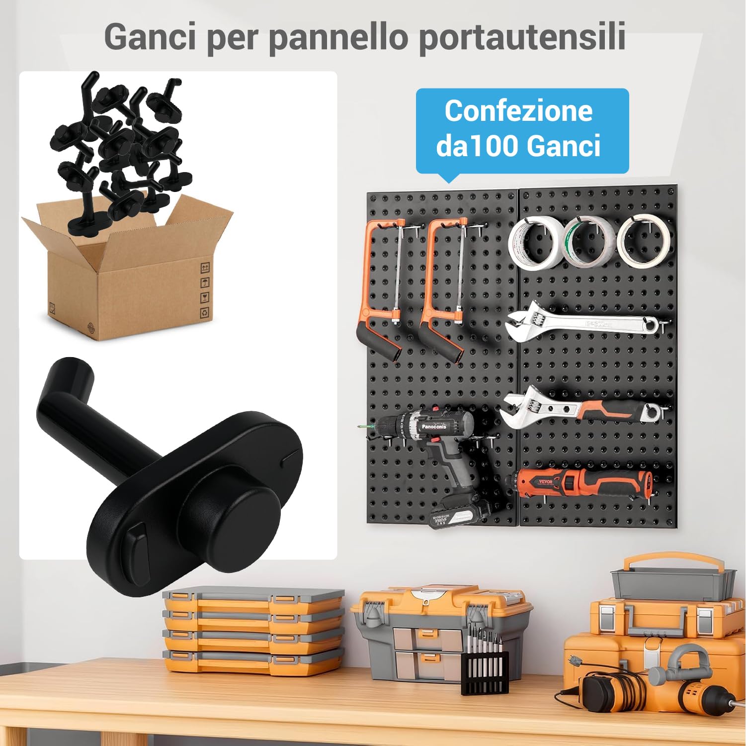 Crisalide® - Ganci Per Pannelli Forati Portautensili, Plastica O Ferro Zincato, Confezione Da 100 Pezzi - Resistenti e Facili Da Installare - Fissaggio Sicuro (Gancio Piccolo Plastica)