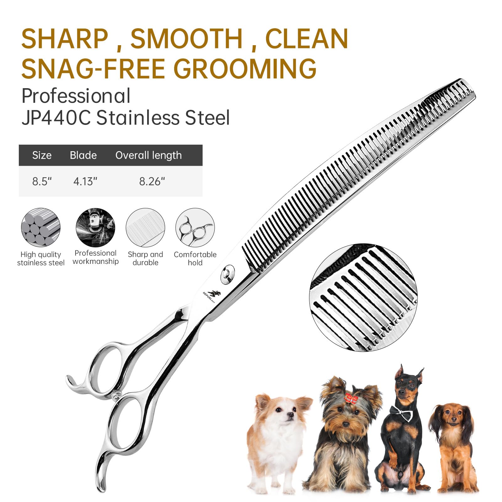 Gebogene Hundepflege-Chunker-Schere – 20,3 cm lange Fellschere mit gebogenen Fischgrätenzähnen zum Mischen und Formen des Fells,Wide Tooth Blender