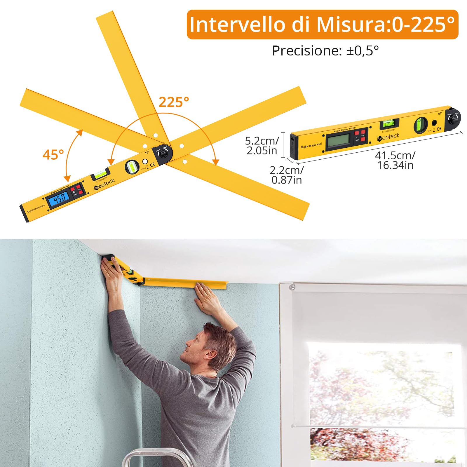 Goniometro Digitale Neoteck 400mm - Inclinometro LCD Retroilluminato, Precisione ±0.5°, 0-225° - Foto 6