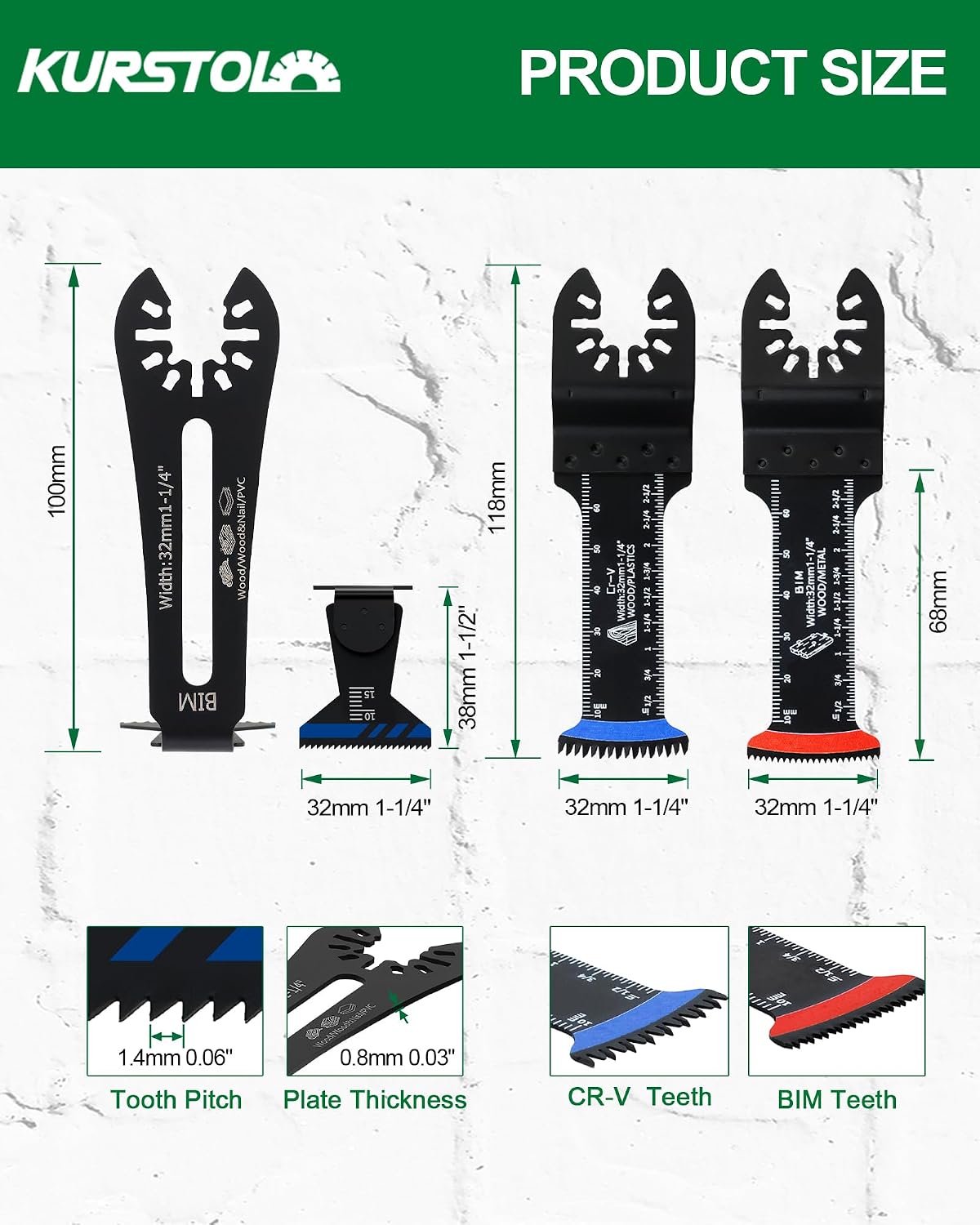 Oscillating Saw Blades 9pcs - KURSTOL Bi-Metal & Japanese Teeth & 90°Angle Oscillating Tool Blades, Multi Tool Blades for Wood Nails PVC