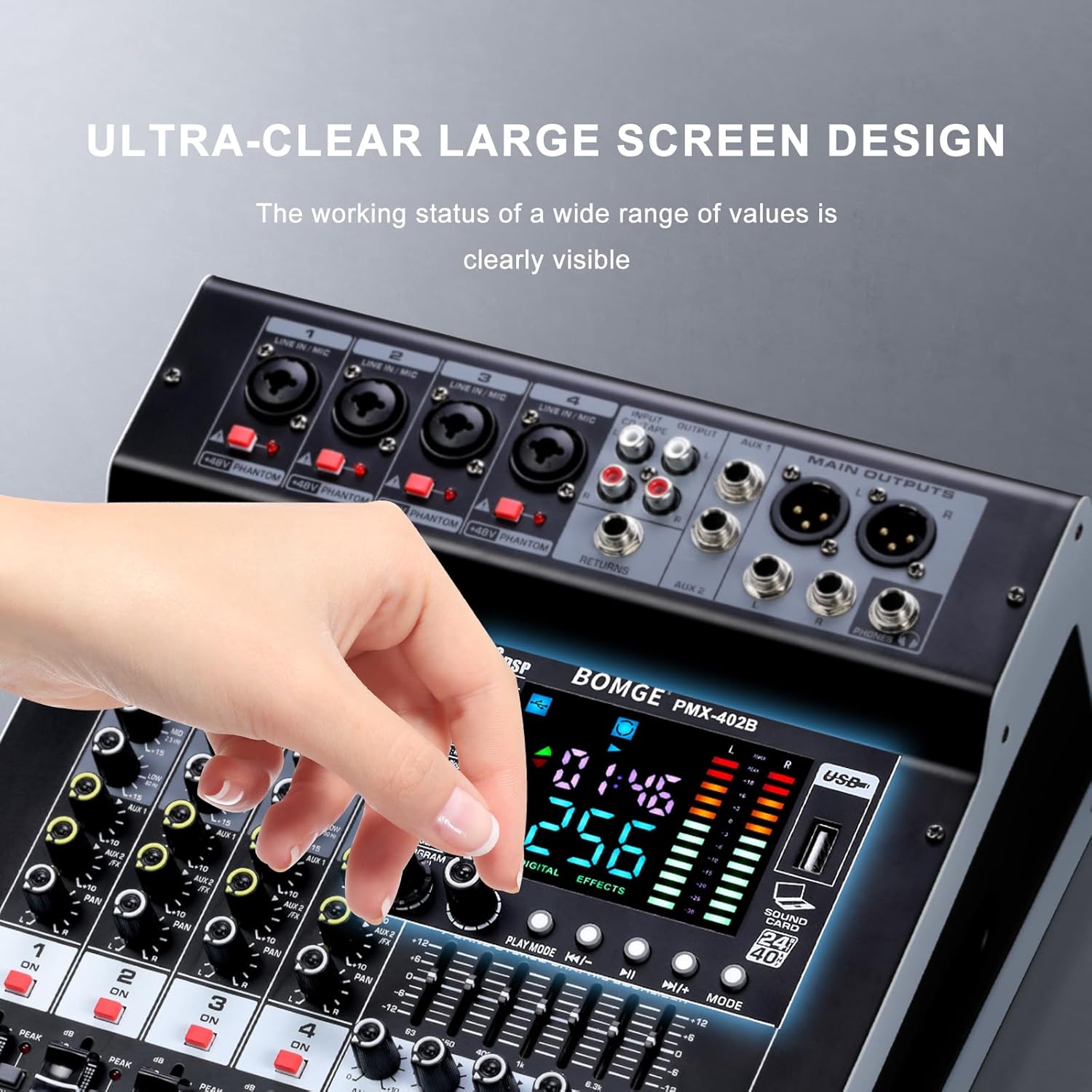 BOMGE 4-Channel Audio Interface Mixer with 256 DSP, Bluetooth 48V Phantom Power, 2x350W Amplifier (4 Ohm) for Studio Recording, DJ Mixing, Karaoke, Concert Party & Streaming​ - Image 7