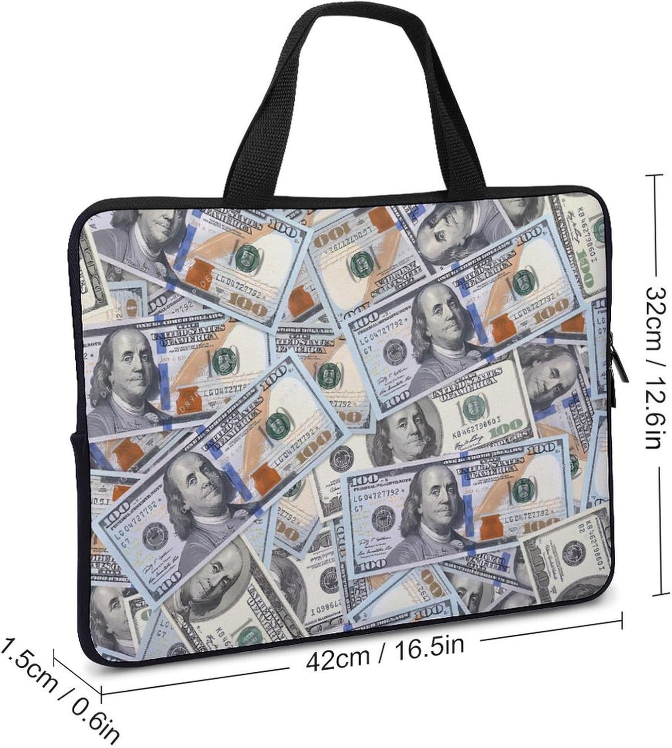 100 Dollar Bills Cute Laptop Bag Sleeve Case with Handle Notebook Briefcase Protective Cover for Men Women