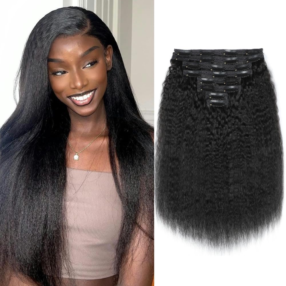 YDDM Kinky Straight Extensiones de Clip de Pelo Natural 22 Inch 120g 8Piezas 20 Clips Extensiones de Clip Natural Remy Cabello Humano Extensiones