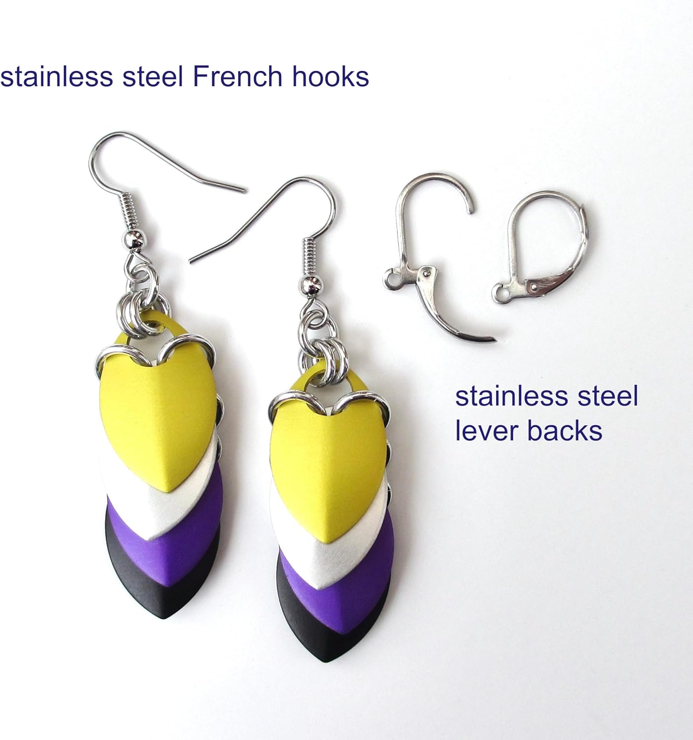 Nonbinary pride earrings, chainmail scales; yellow white purple black