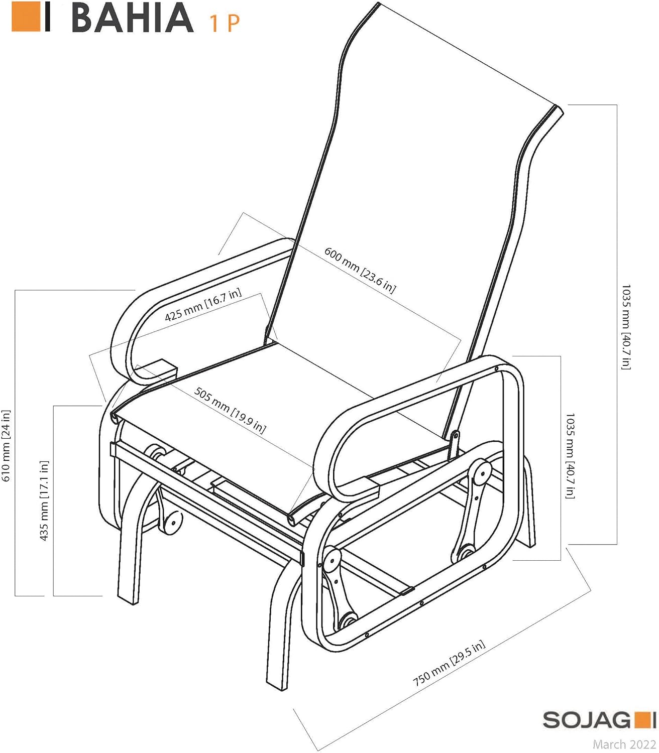 Technical drawing of Sojag Bahia Patio Glider Chair with dimensions