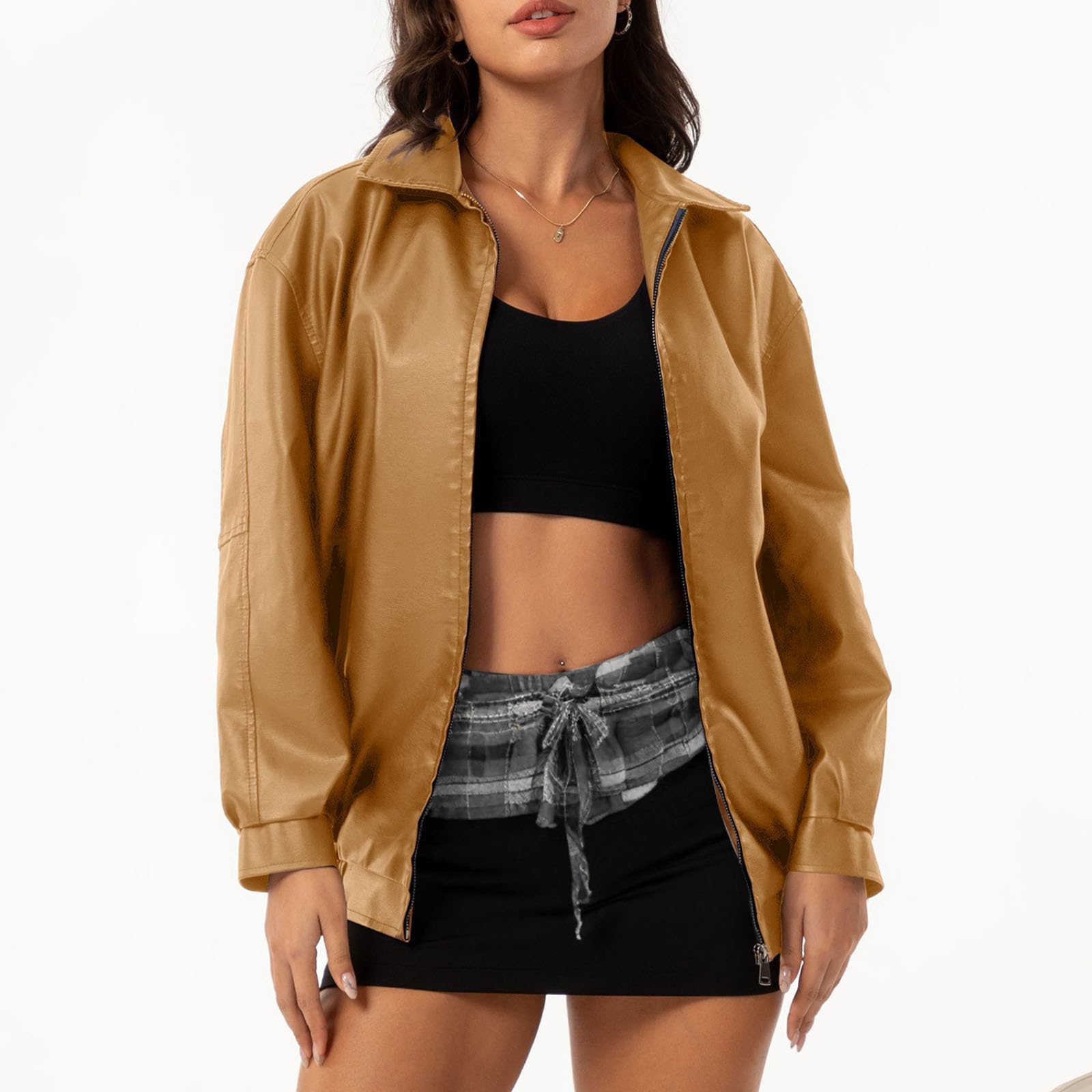Jacke Damen Leather Jacket Woman Kunstlederjacke Slim Fit Bikerjacke Mit Taschen Langarm Lederjacke Übergangsjacke Alltag Bomberjacke Klassisch Streetwear