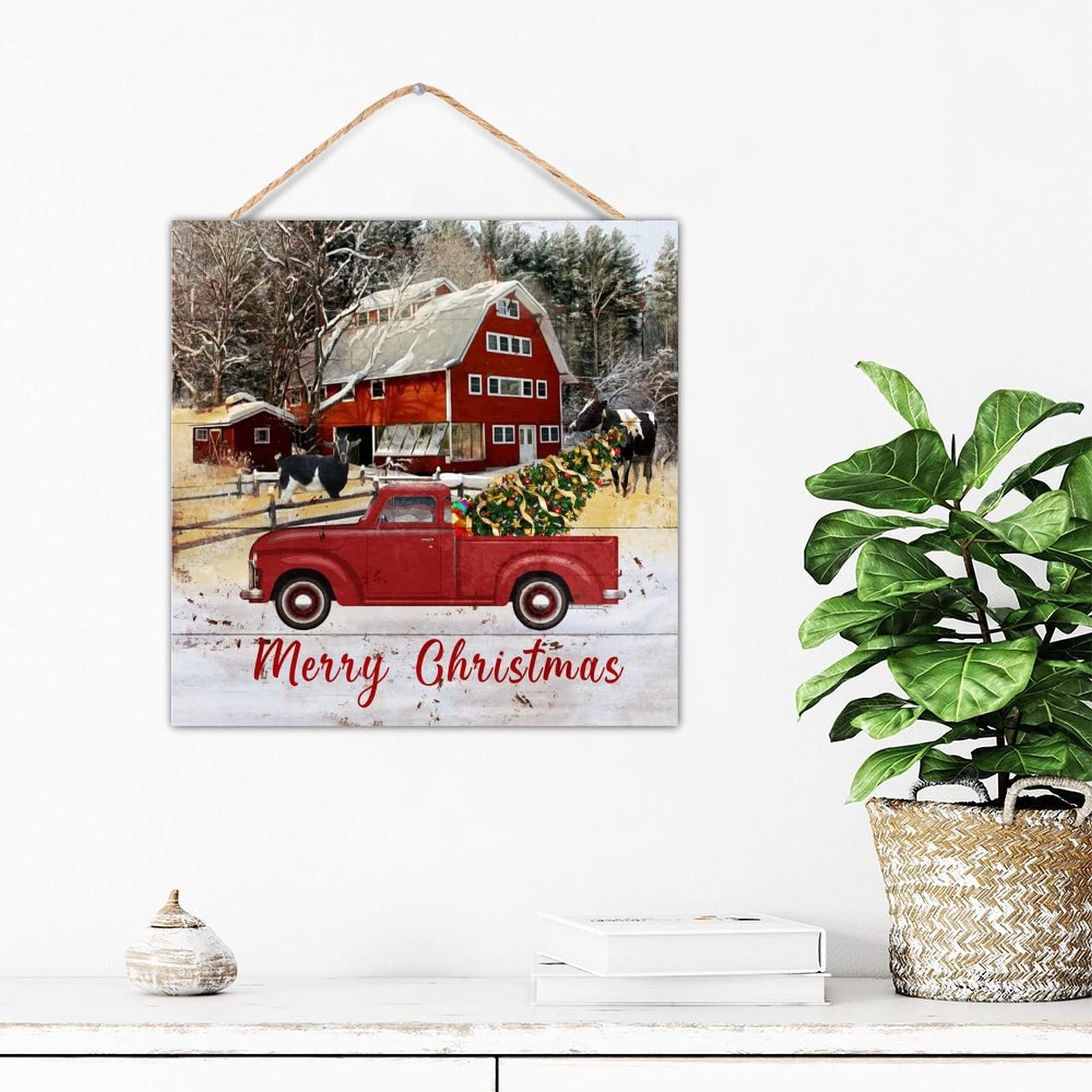 Panneau en bois de Noël avec camion rouge et animaux pour décoration rustique