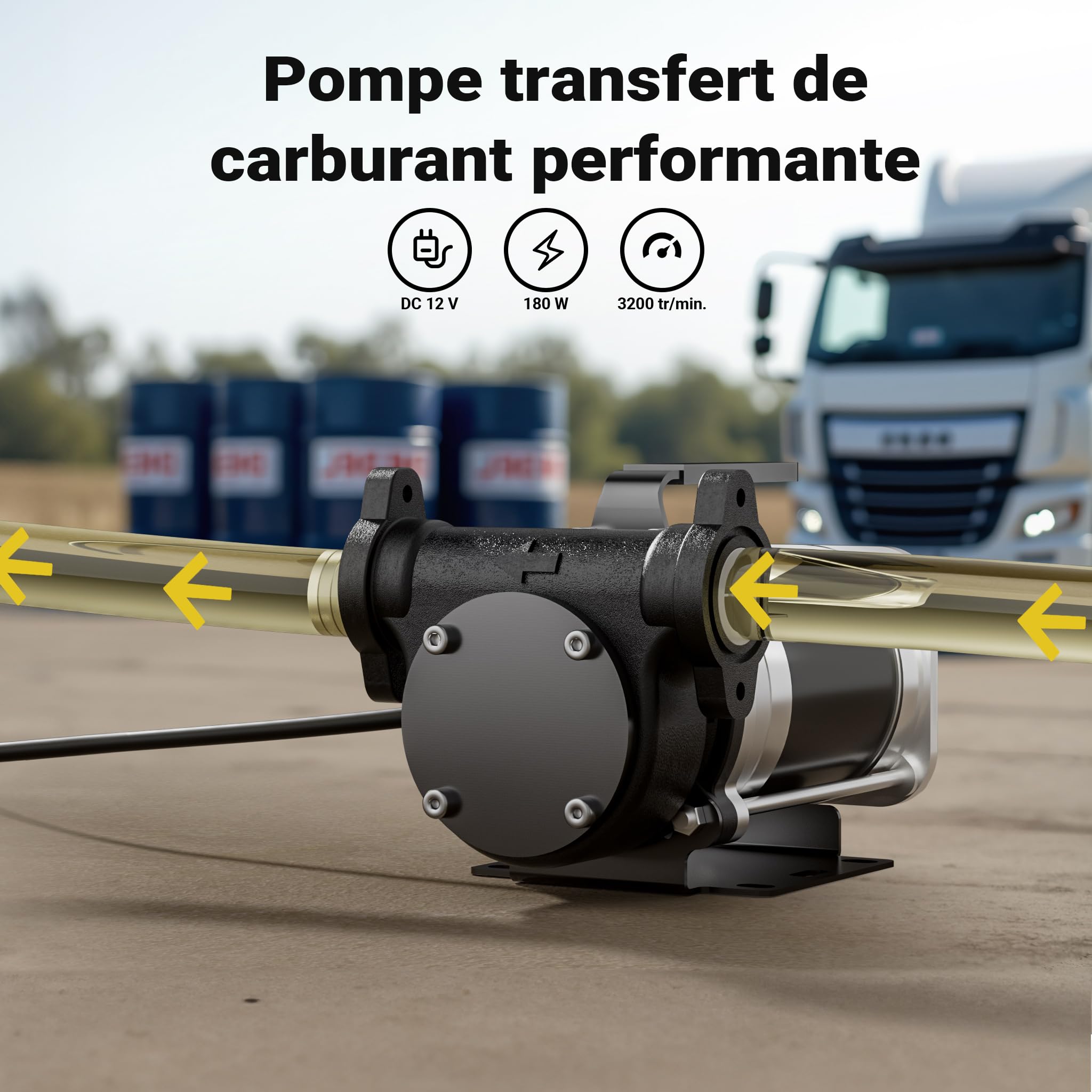Wiltec Pompe de transfert essence et diesel – pompe 180 W – débit 57 l/min – refoulement max. 12 m, aspiration max. 2 m – Transvasement vide fût