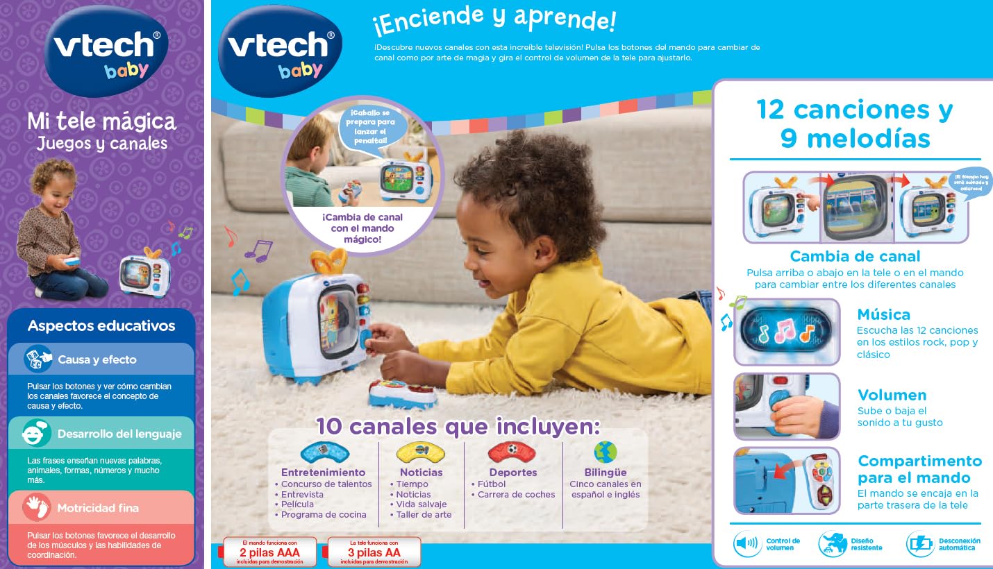 VTech-Baby Mi Tele Mágica Juegos y Canales, Televisión Interactiva Bilingüe, Juguete Niños 1 Año, Ruleta y Mando Luminoso, Enseña Conceptos y Vocabulario, Versión ESP