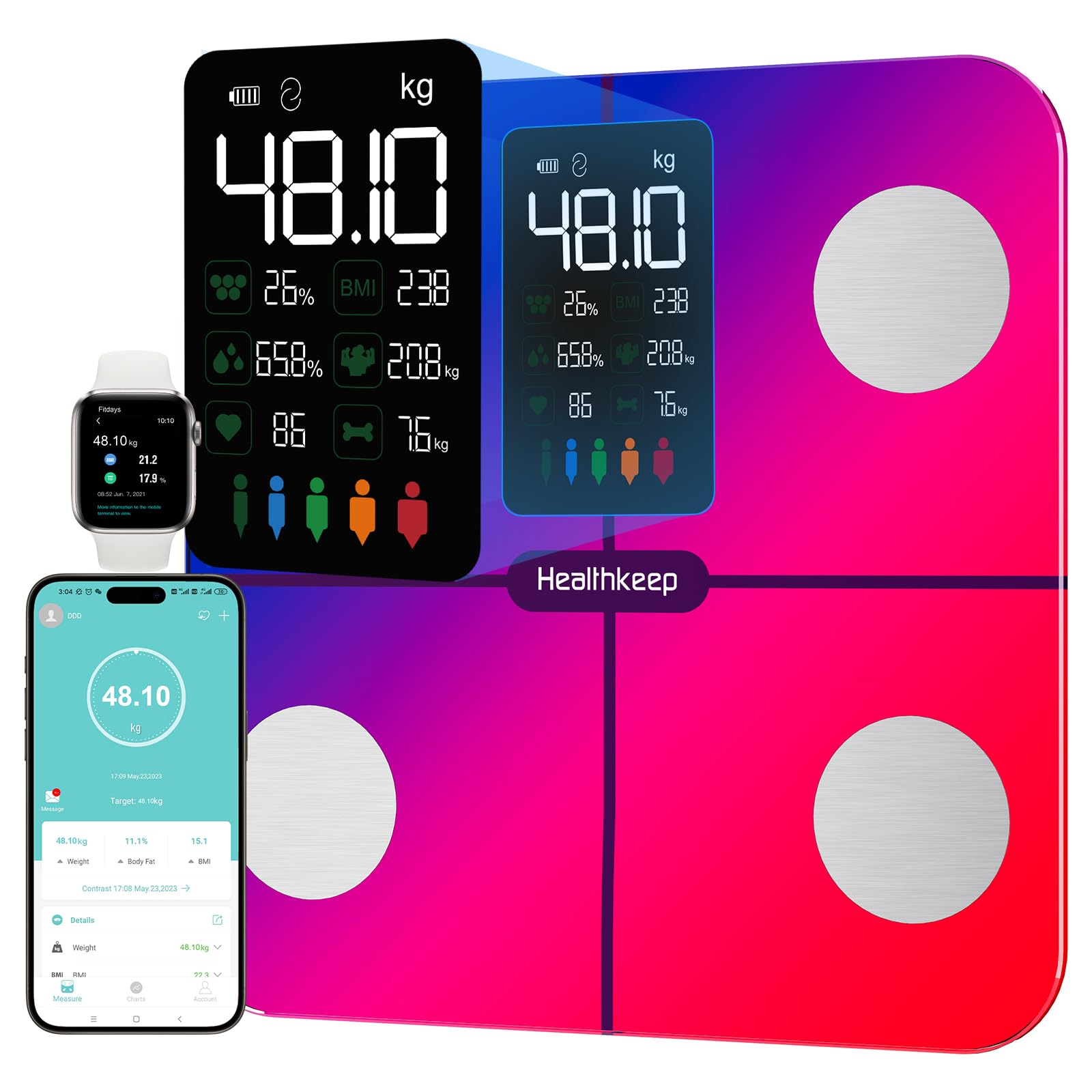 Körperfettwaage Personenwaage, Waage Personen mit Körperfett und Muskelmasse 15 Körperdaten Körperwaage mit Körperfettanalyse, Smart Waage mit APP, Großes Display, irisierend