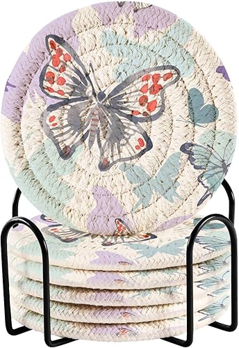 innewgogo Butterflies 6 Pcs Absorbent Drink Coasters for Tabletop Protection Round Woven Coaster with Holder & Heat Water Resistant Bulk Cup Coaster