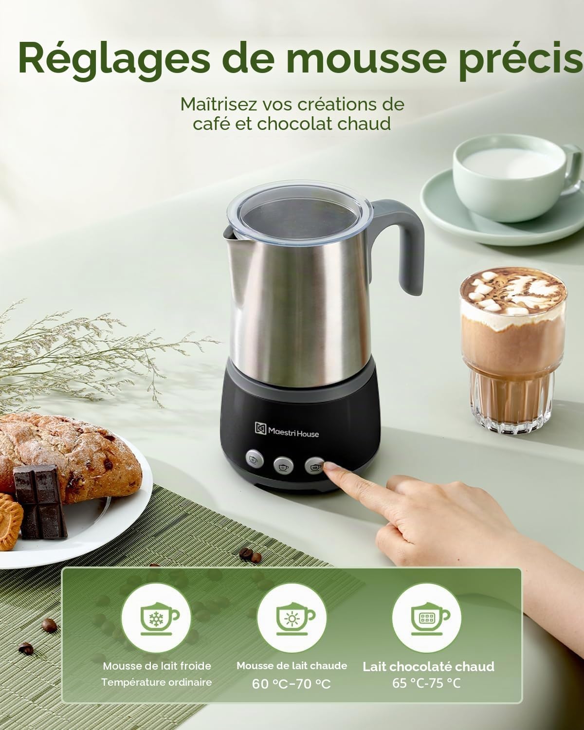 Maestri House BasicFro 500 Mousseur à lait électrique 4 en 1 600 W Smart Touch Control pour chaud et froid, fonction mémoire pour latte, lait chaud, chocolat chaud, lait