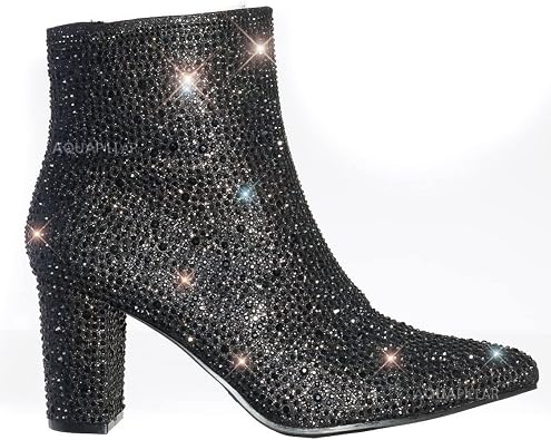 Women Rhinestone Block Chunky Heel Ankle Bootie Iceberg 12 By Forever shoes Black 9