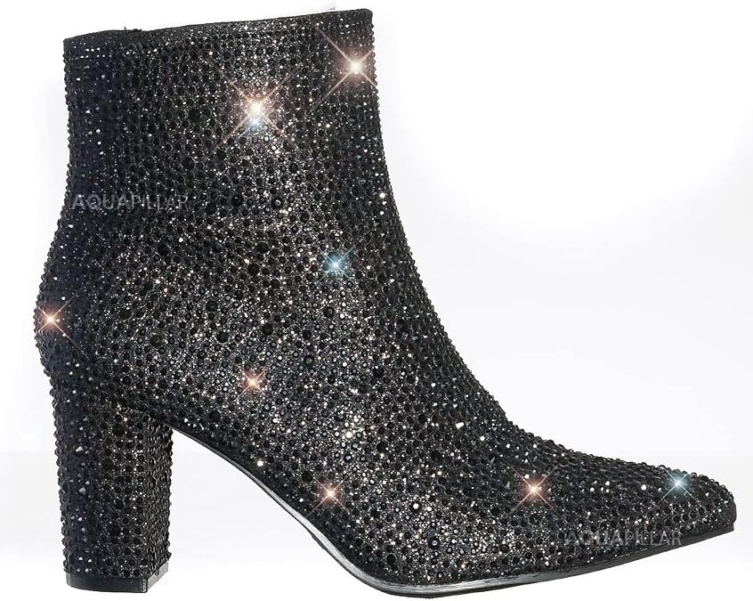 Women Rhinestone Block Chunky Heel Ankle Bootie Iceberg 12 By Forever shoes Black 9