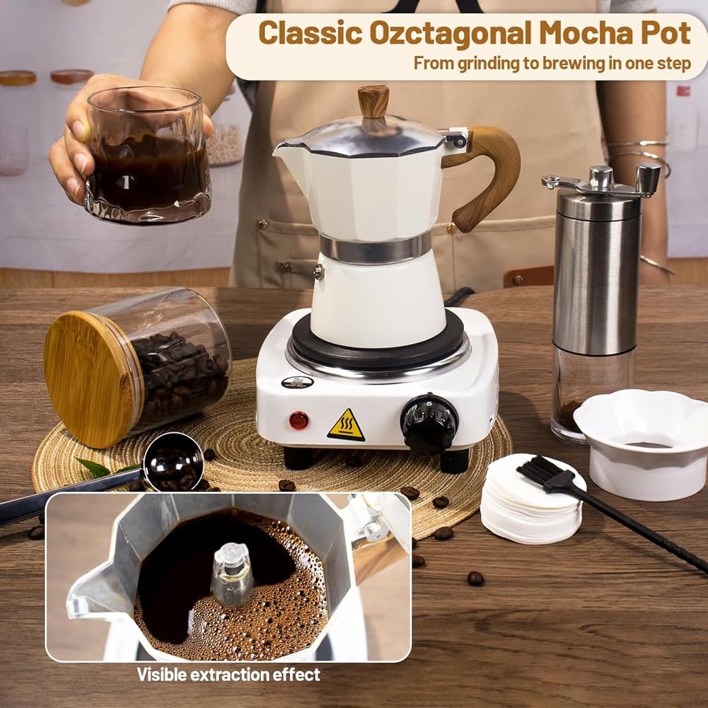 Cafetera Moka de Aluminio con Molinillo Manual y Dispensador de Moka. Cafetera Expreso CláSica para Cocina, 150 Ml (UE).