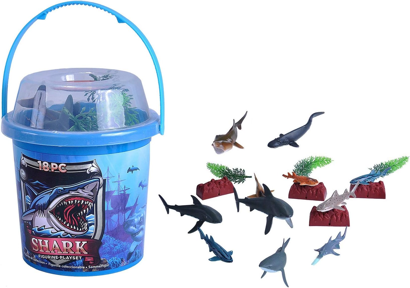 Wild Republic 23158 Sharks, Figurine Playset, Adventure Bucket, 20 cm, 18-Pieces, Multi