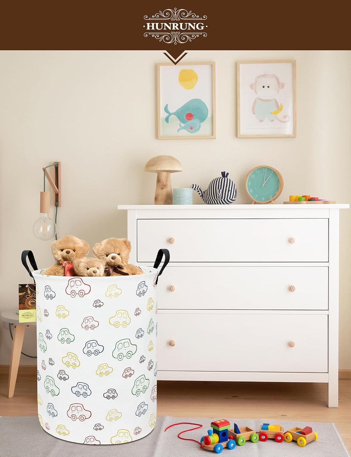 Collapsible Fabric Storage Basket, Waterproof Laundry Hamper with Handles, Round Storage Bin for Clothes, Foldable Organizer for Bedroom Nursery Bathroom(Colorful Car)
