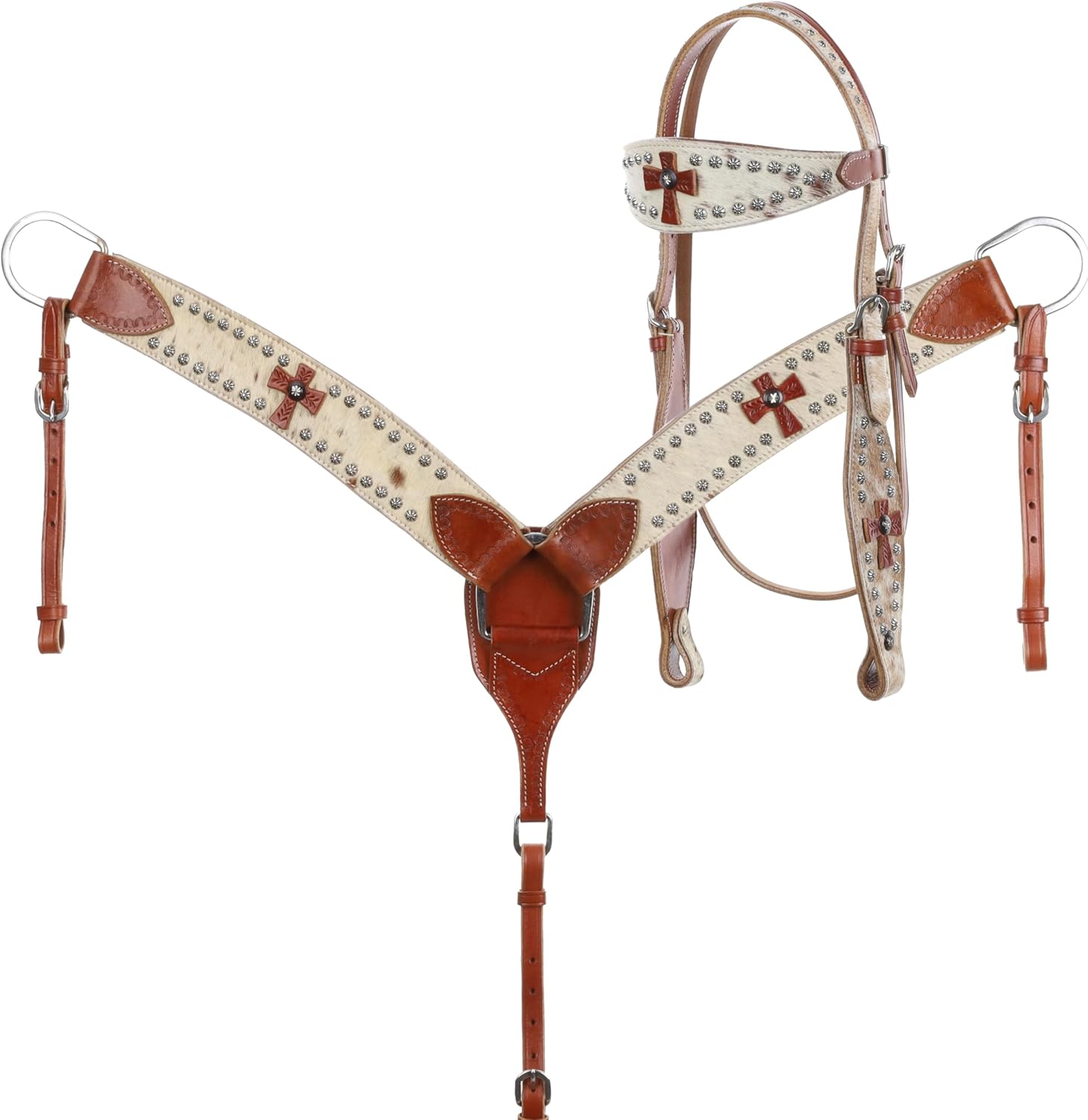 Showman Leather Headstall & Breast Collar Set w/Genuine Cowhide & Leather Crosses