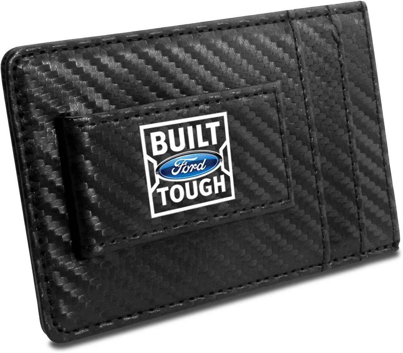 Ford Built Ford Tough Carbon Fiber Style Minimalist Leather Slim Wallet RFID Block with Money Clip