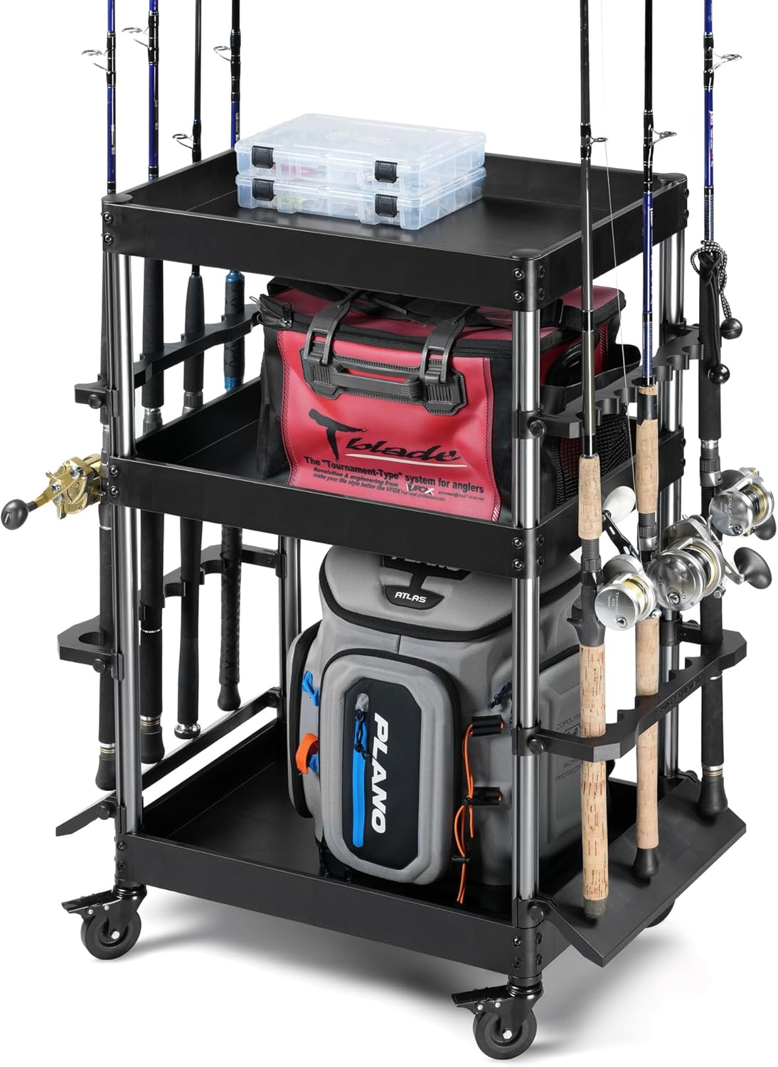 Savior Equipment Mobile Tackle Station 16 Fishing Rod Holder Cart w/Wheels, Adjustable Rack For Different Rod & Reel, 3-Level Fishing Gear Storage Pole Organizer For Garage Home Indoor Use, Black