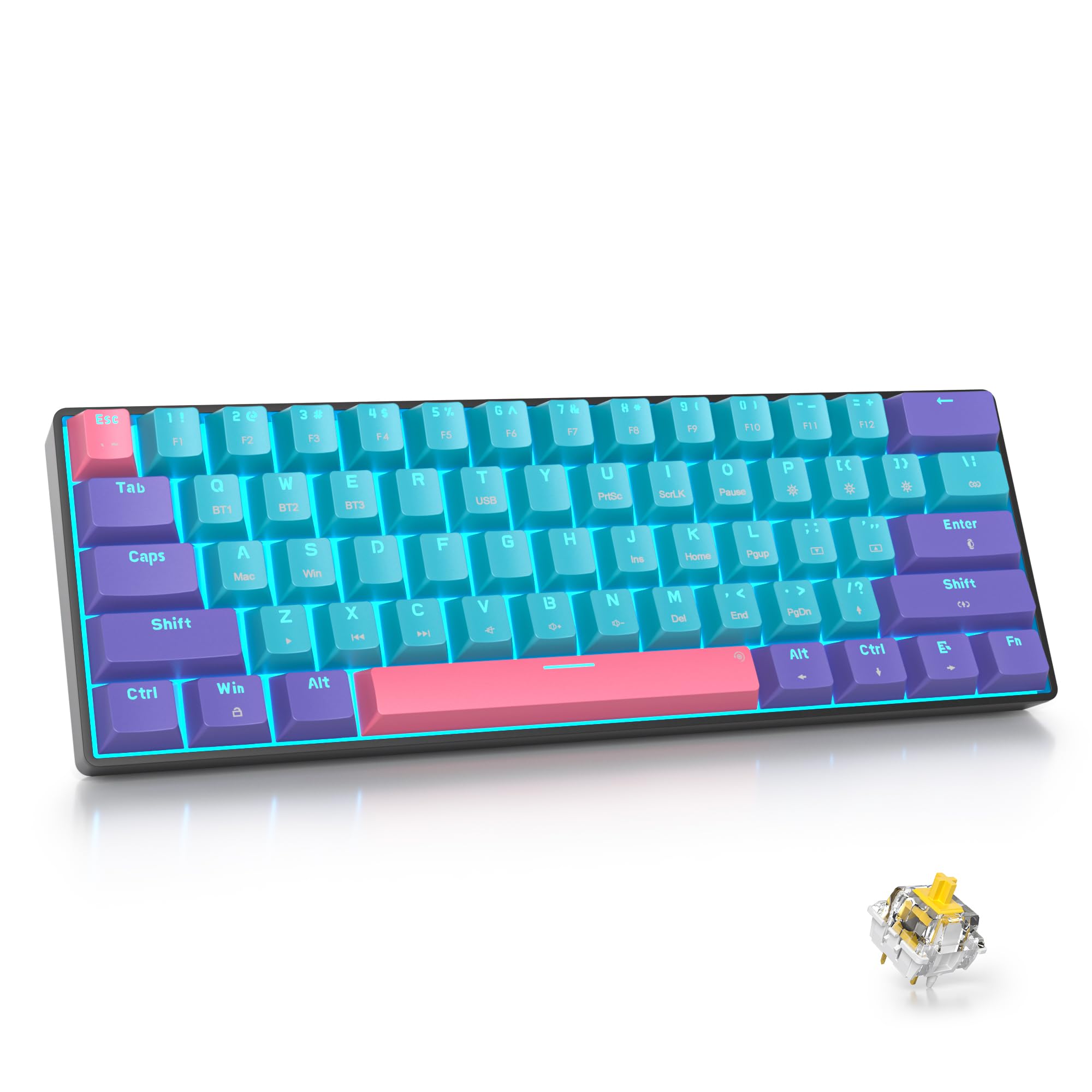 Teclado Mecanico Inalámbrico，Mini Teclado Gaming 60 Mecanico Modo Dual 2.4Ghz/Bluetooth Hot Swap American QWERTY Layout con para PC/Mac