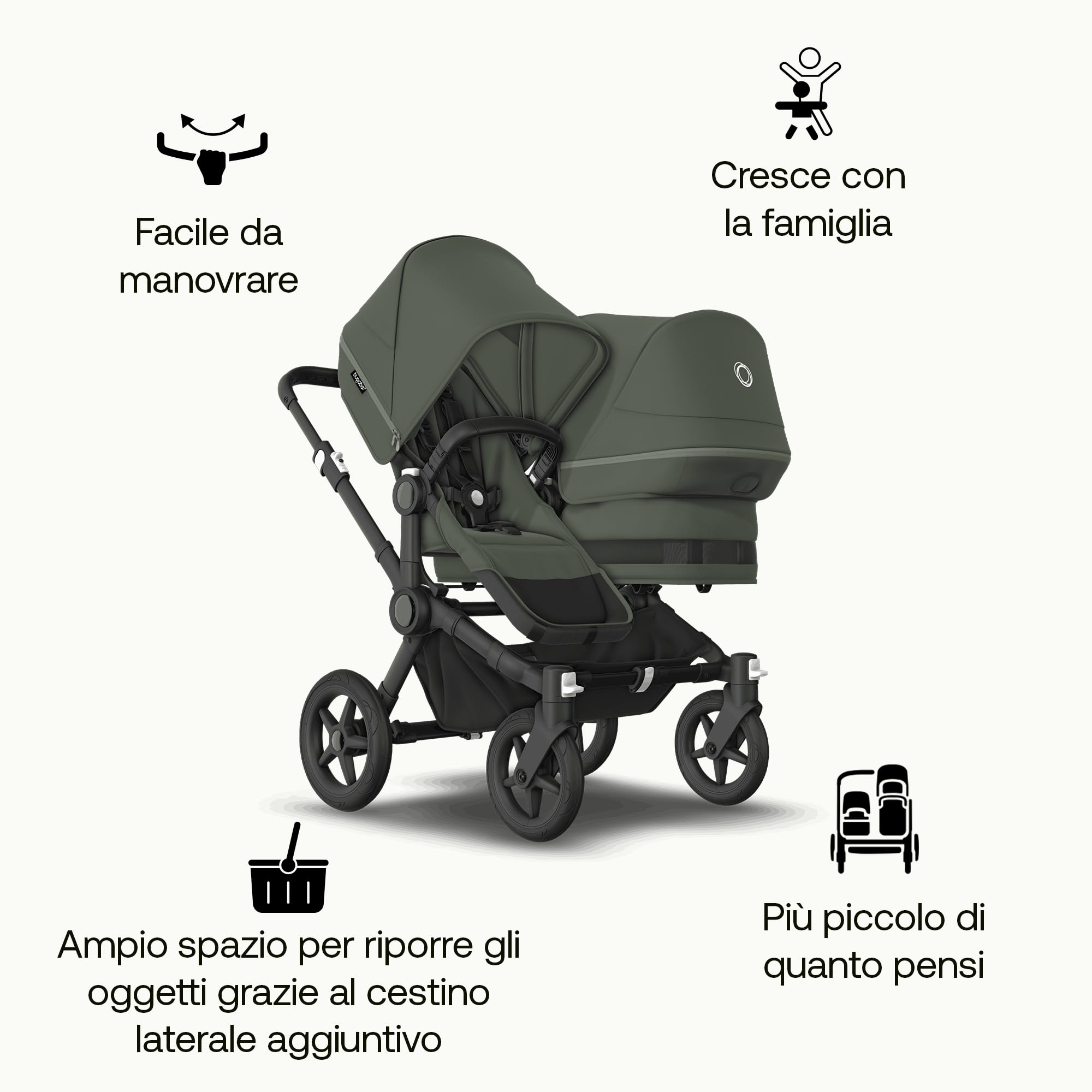 Bugaboo Donkey 5 Duo, Set di Conversione Completo, Affiancato, Design Migliorato, Seduta Reversibile, Guida a una Mano e Archiviazione Espandibile, Forest Green