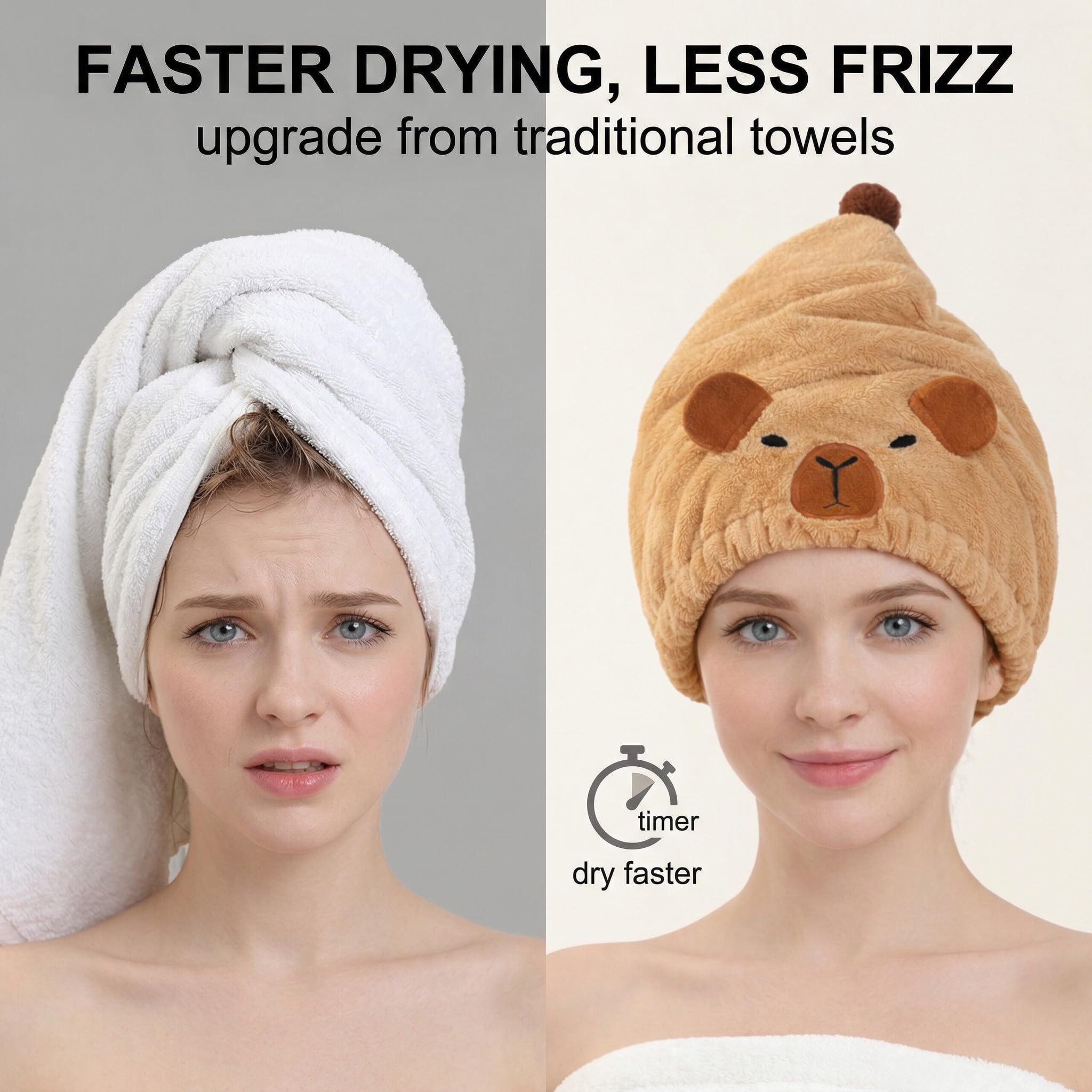2 Pcs turbante asciugacapelli, Capybara Asciugamano in Microfibra per Capelli Asciugatura Rapida Turbante Super Assorbente con Bottone per Donne Capelli Lunghi
