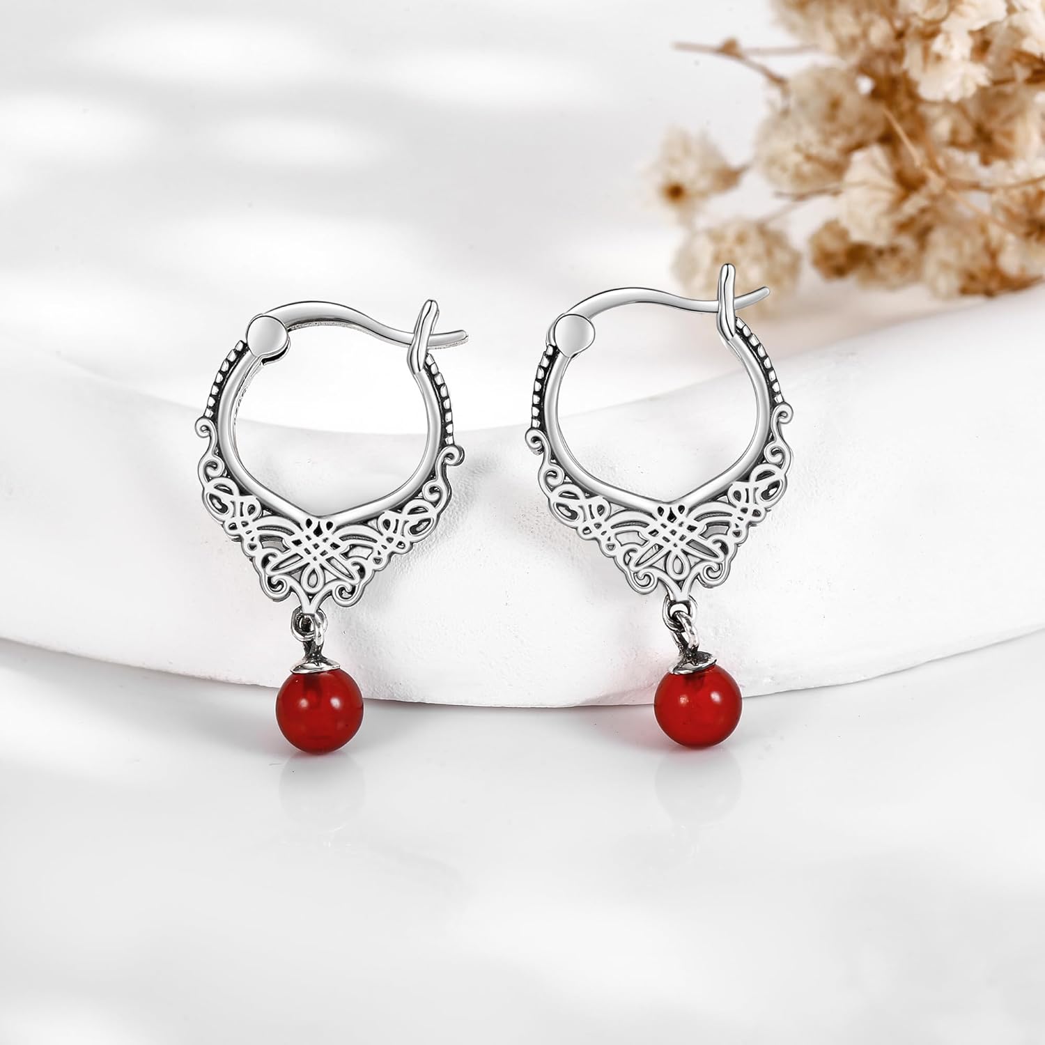 Carnelian/Moss Agate/Turquoise/Rose Quartz Earrings 925 Sterling Silver Filigree Hoop Earring for Women Gemstone Earring for Women