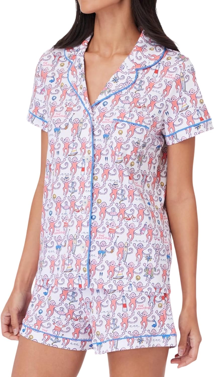 Women Y2k Pajamas Set Cute Preppy 2PCS Button Down Holiday Monkey Shorts Summer Outfit Beach Vacation Loungewear PJs