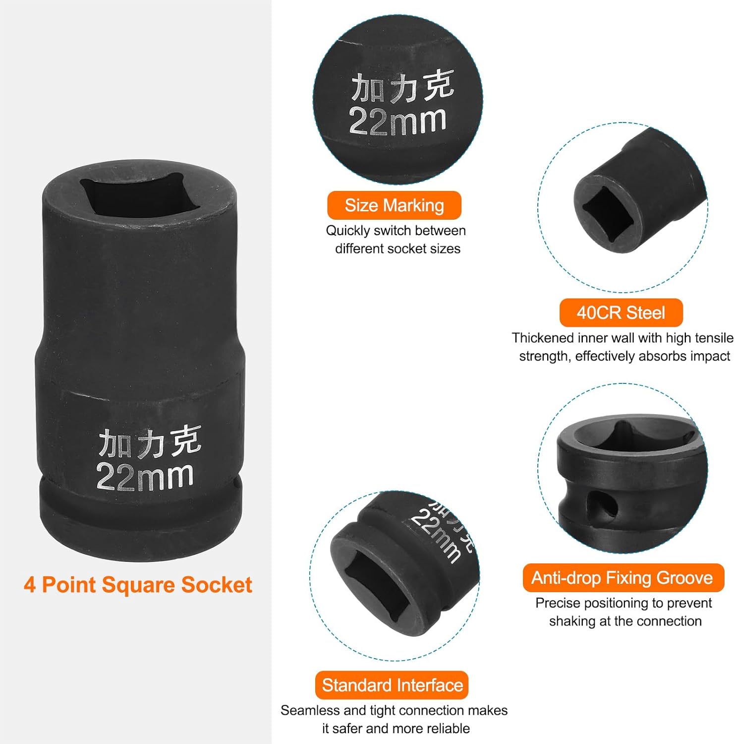 HARFINGTON 4 Point Square Socket 1" Drive by 22mm Metric Square Impact Socket 40CR Blackening Standard Wheel Sockets Pneumatic Socket Tool for Auto Repair Mechanical Maintenance Home Use
