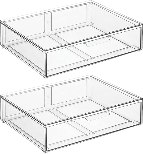 Miniatura 9 de mDesign Contenedor organizador de almacenamiento de baño apilable de plástico ancho con cajón extraíble para gabinete, tocador, estante, armario,