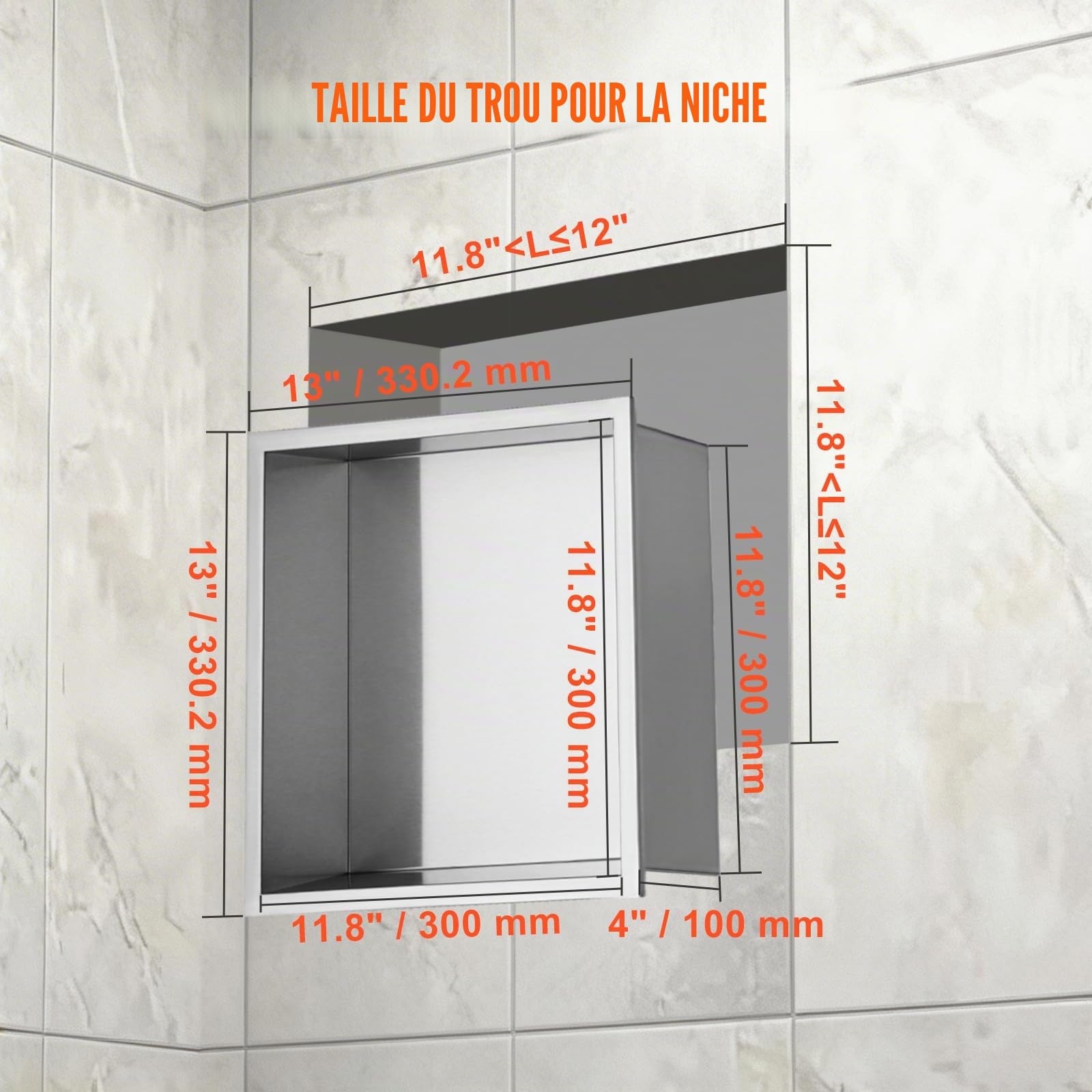 VEVOR Niche Encastrable Salle de Bain 33,02x33,02 cm Niche Douche Murale Double Étagère Acier Inoxydable 304 Scellée Étanche Facile à Nettoyer Moderne pour Stockage Savon Douche Salle de Bains, Argent
