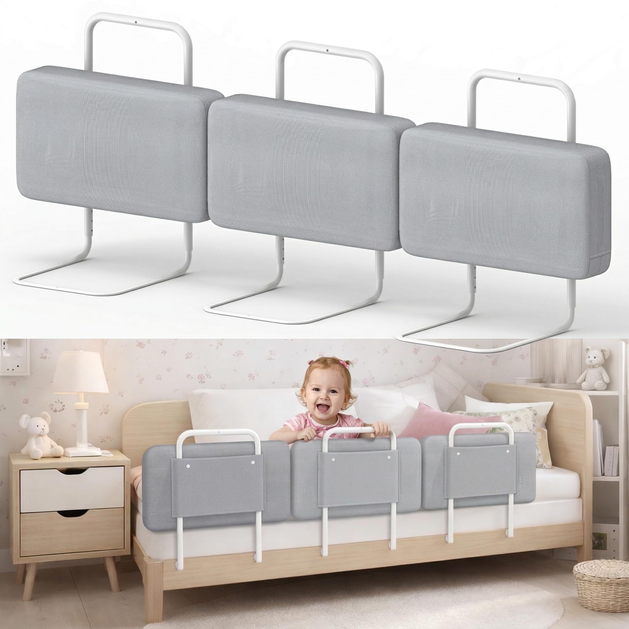 Barrière de Lit Bébé Rembourrée 60 Cm, Protection Anti-Chute pour Enfant, Barrière de Sécurité Douce en Tissu, Garde-Corps de Lit Stable et Confortable pour Bébé et Tout-Petits, Gris